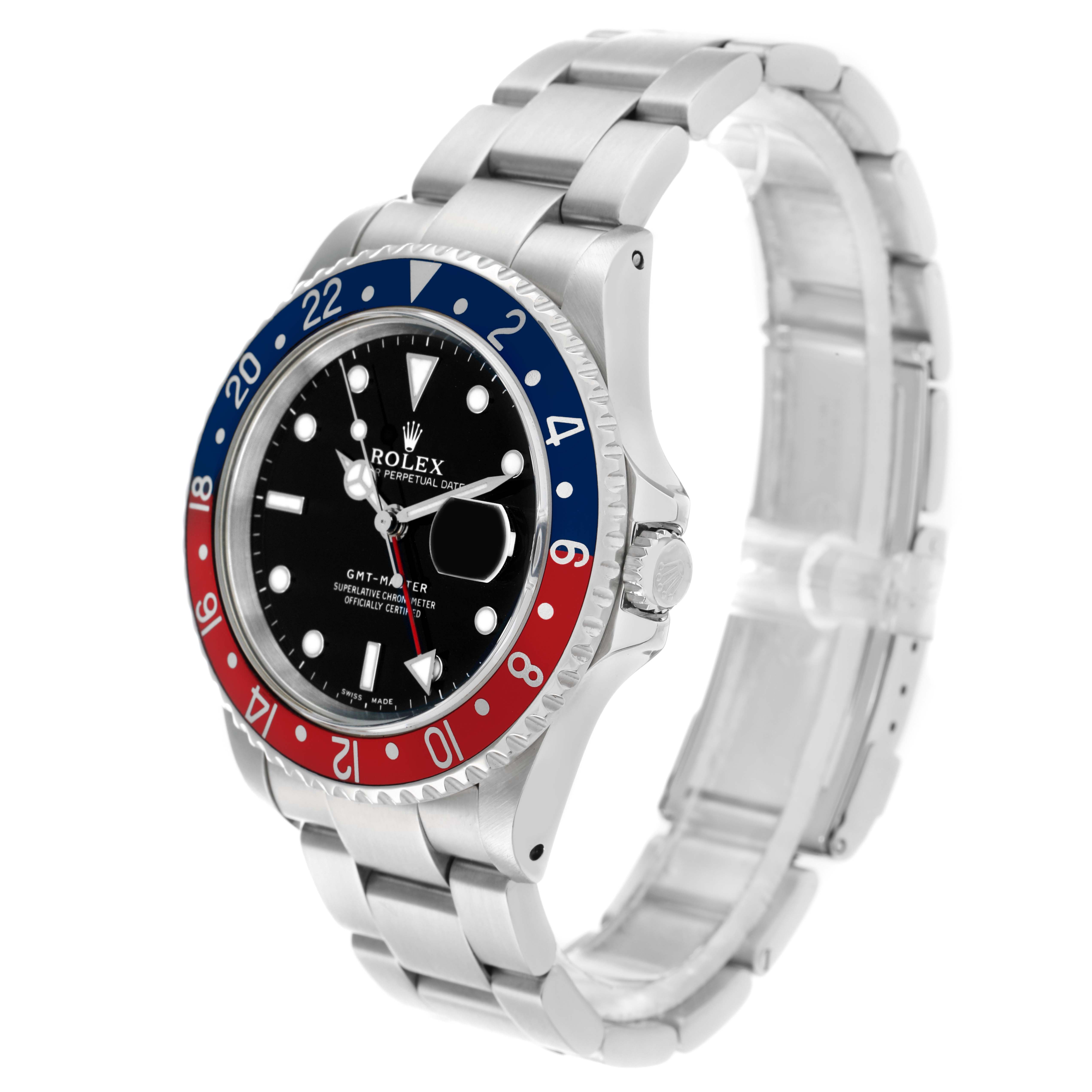 The Rolex GMT-Master 16700 Men
s Stainless Steel Black Dial watch is shown at a three-quarter angle, highlighting the bezel, dial, and part of the bracelet.