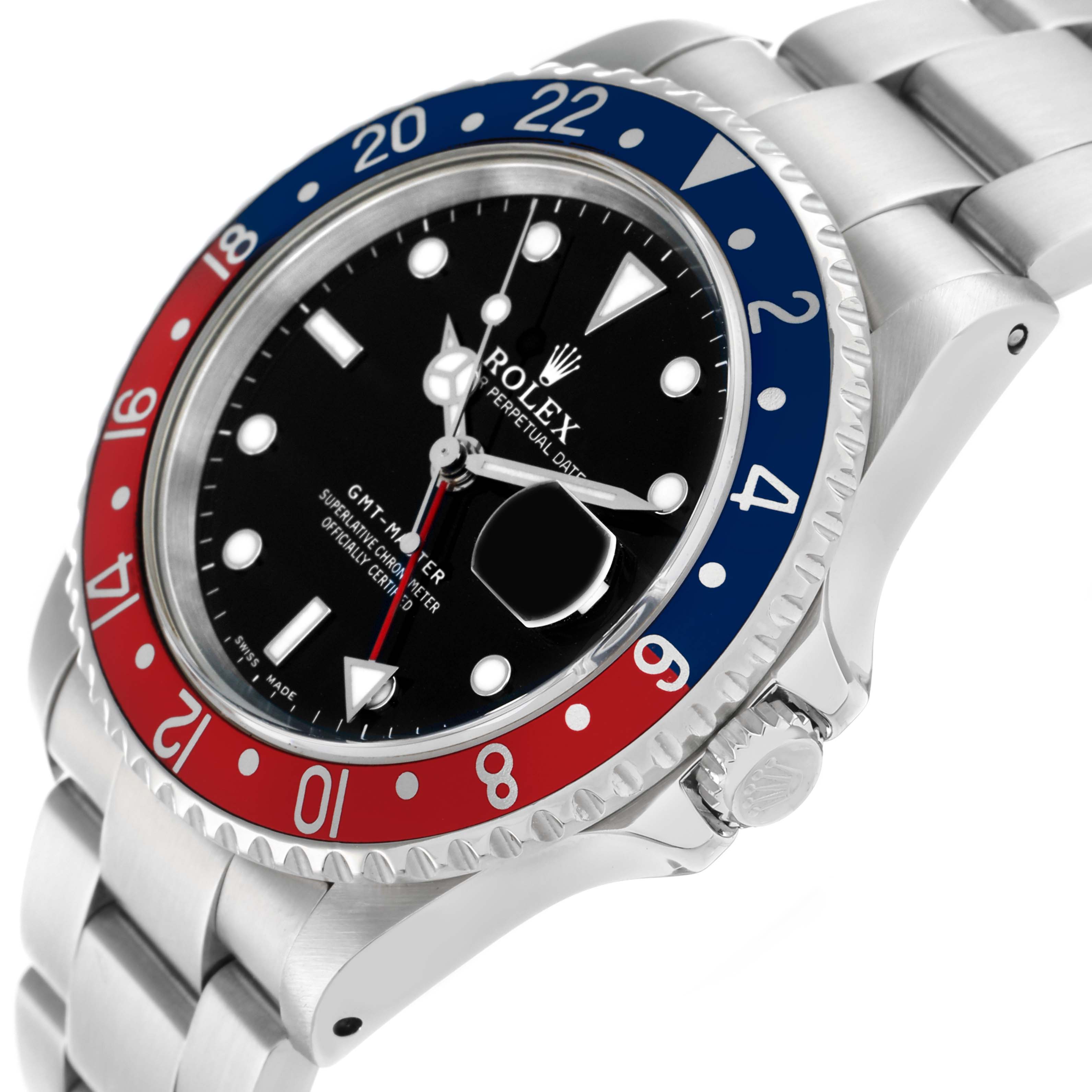 The Rolex GMT-Master 16700 Men
s Stainless Steel Black Dial watch is shown at an angled side view, displaying the bezel, dial, crown, and part of the bracelet.