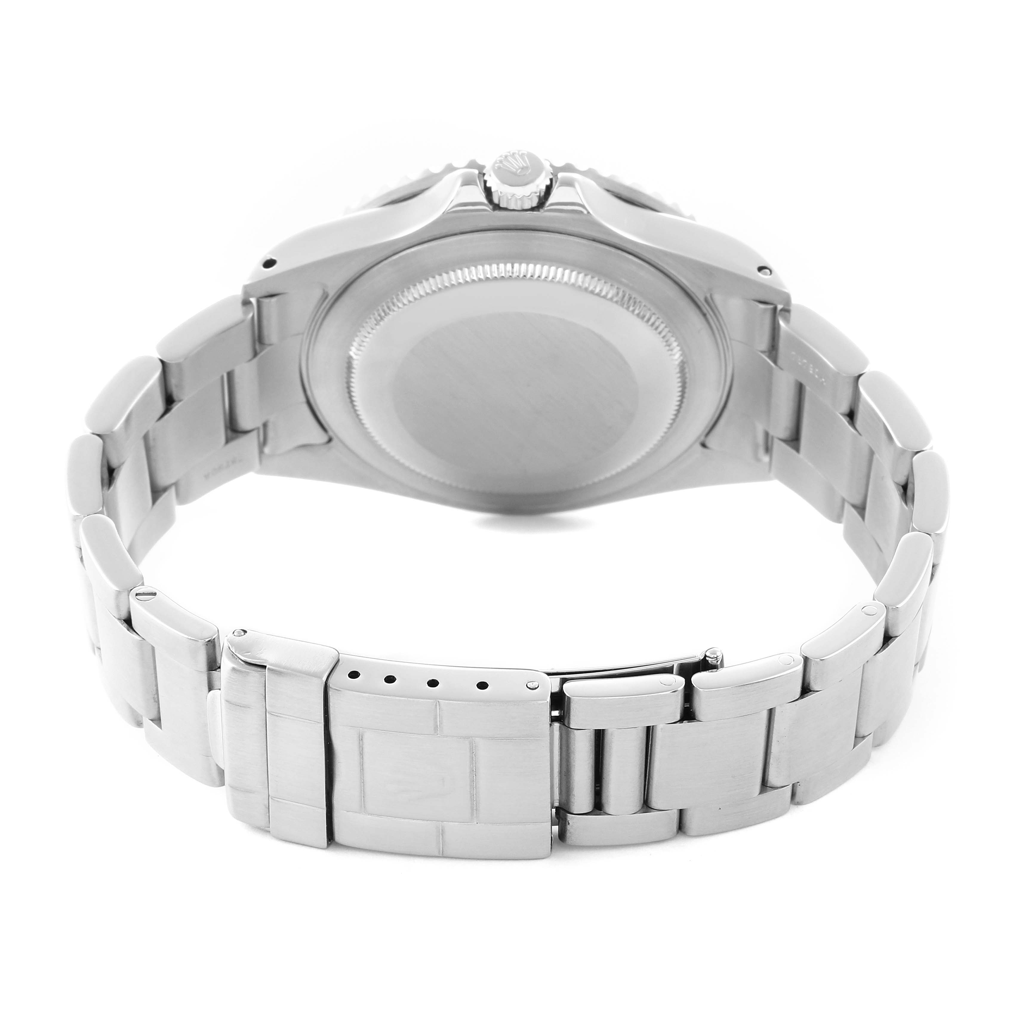 The image shows the back of the Rolex GMT-Master 16700 Men
s Stainless Steel Black Dial watch, highlighting the case back and closed clasp with Oyster bracelet.