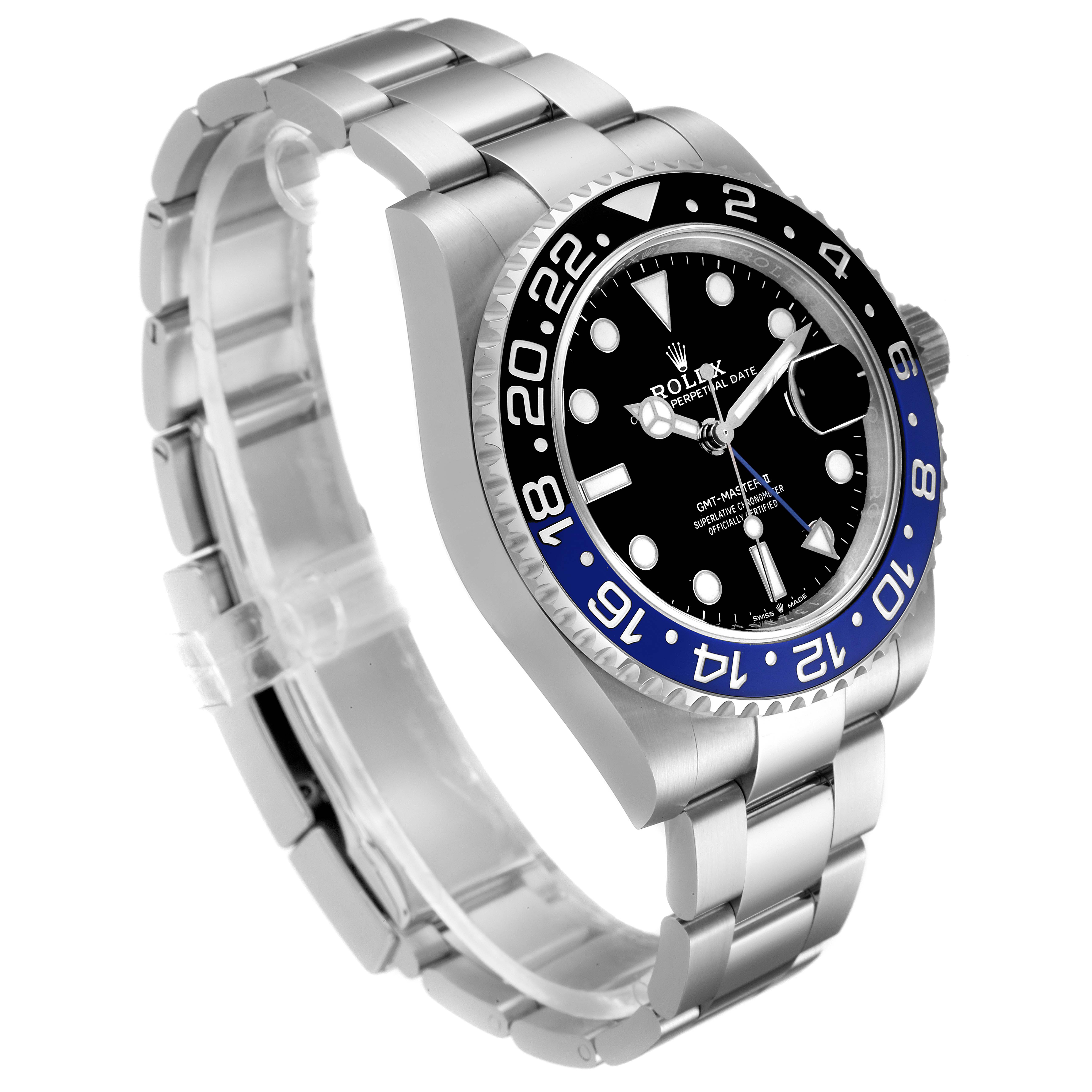 The image shows a Rolex GMT-Master 126710 Men
s Stainless Steel Black Dial 126710 Men
s Stainless Steel Black Dial model watch at an angled side view, highlighting its bezel, dial, and bracelet.