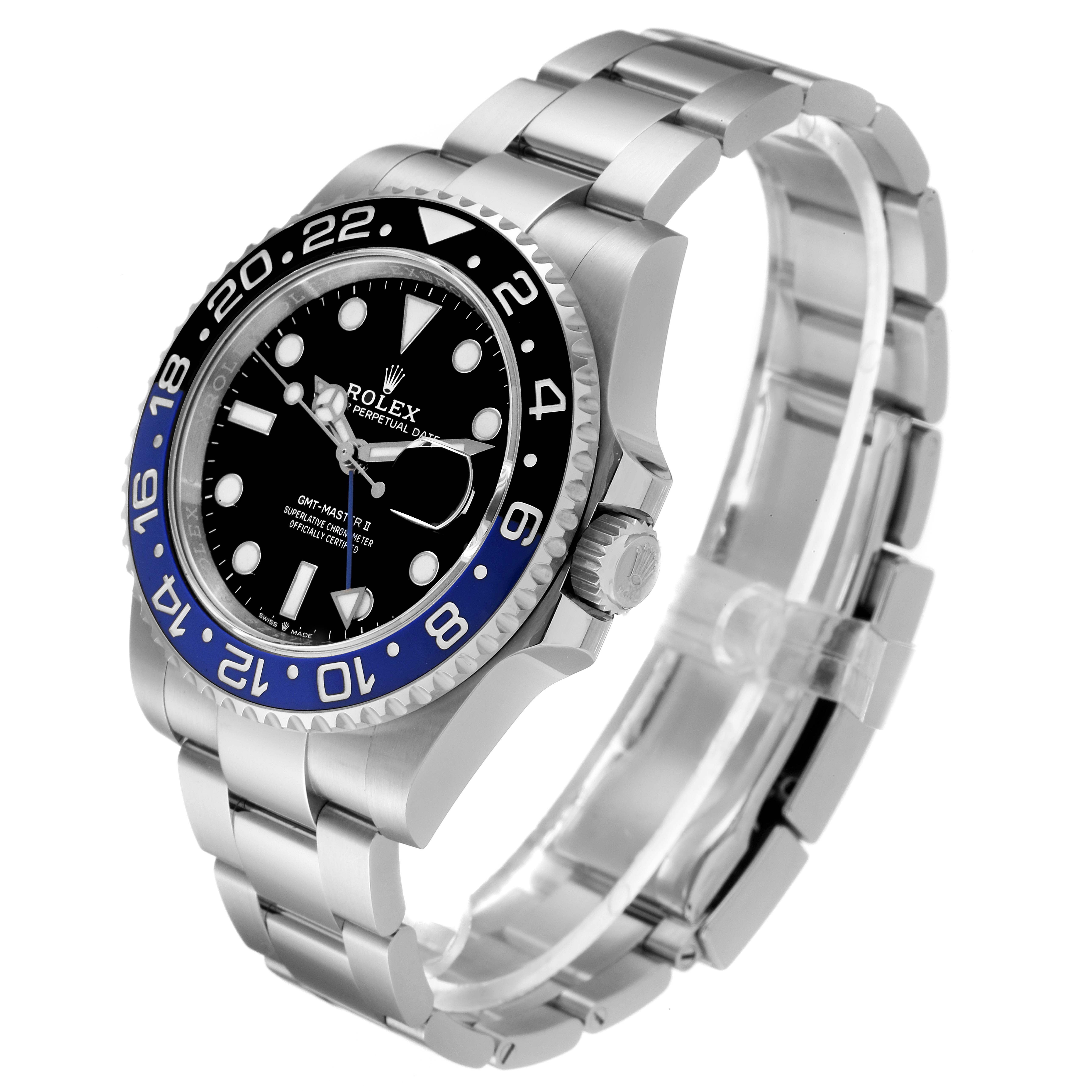The Rolex GMT-Master 126710 Men
s Stainless Steel Black Dial 126710 Men
s Stainless Steel Black Dial watch is shown at an oblique angle, highlighting the dial, bezel, crown, and bracelet.
