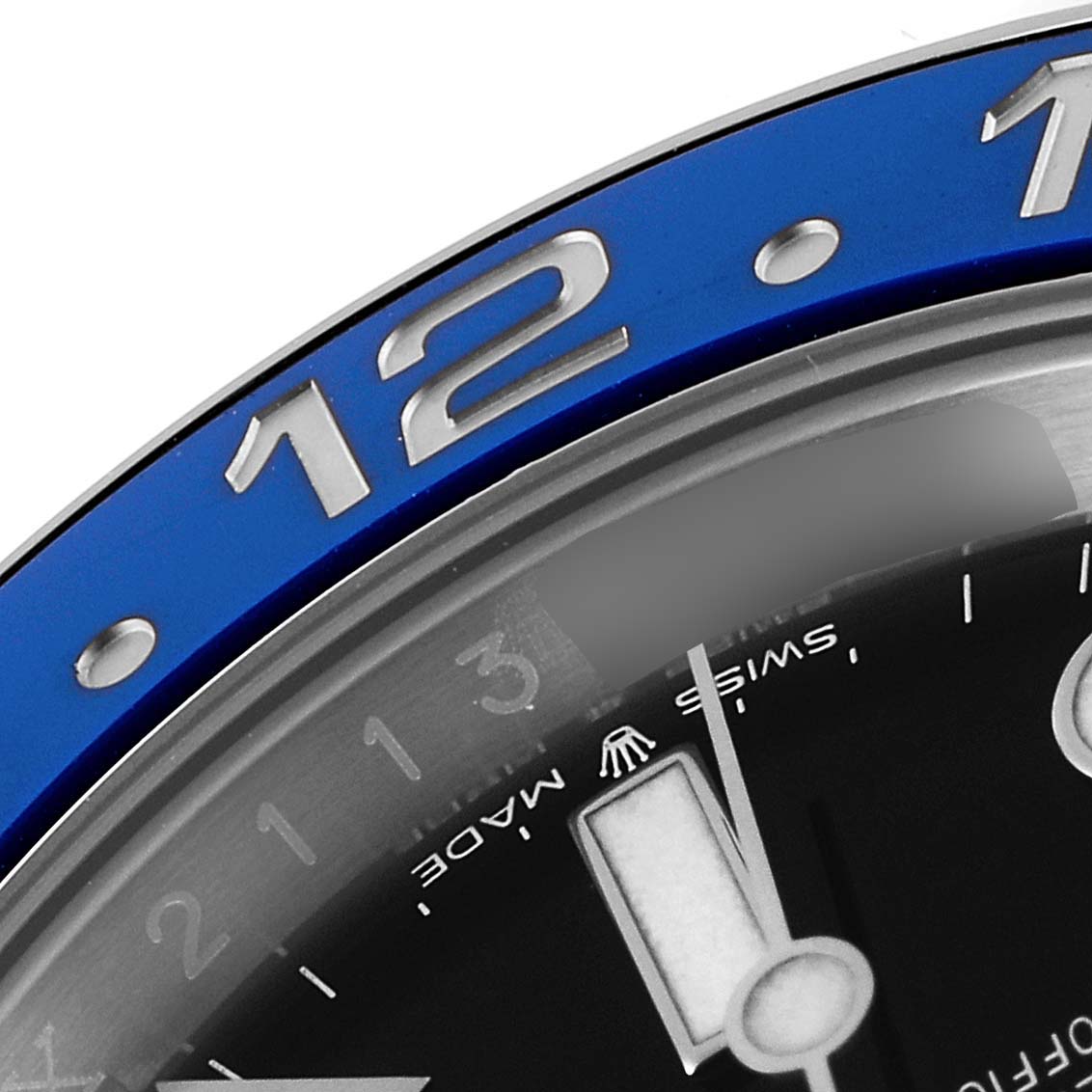 The image shows a close-up of the bezel and dial of a Rolex GMT-Master 126710 Men
s Stainless Steel Black Dial 126710 Men
s Stainless Steel Black Dial watch.