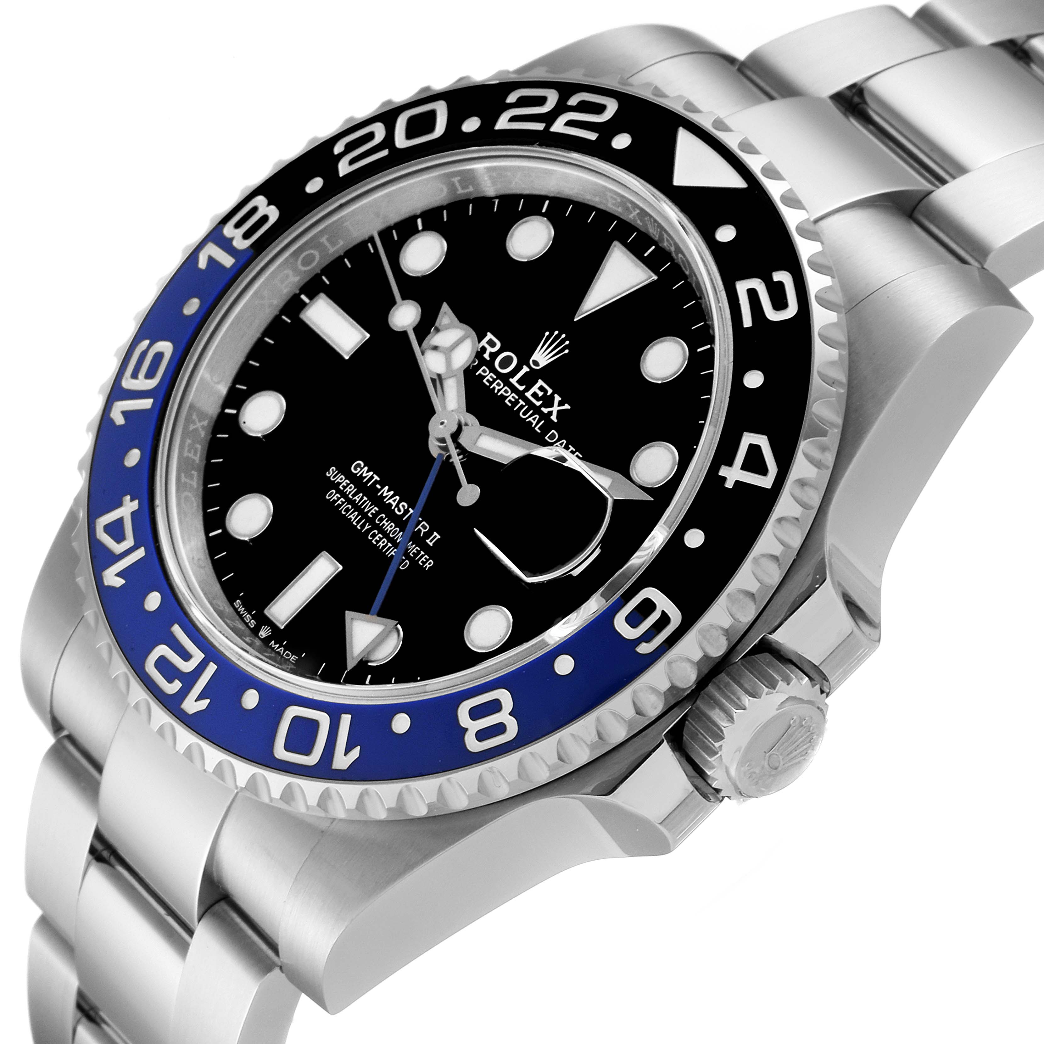 The image shows a close-up angled view of the Rolex GMT-Master 126710 Men
s Stainless Steel Black Dial 126710 Men
s Stainless Steel Black Dial II watch face and bracelet.