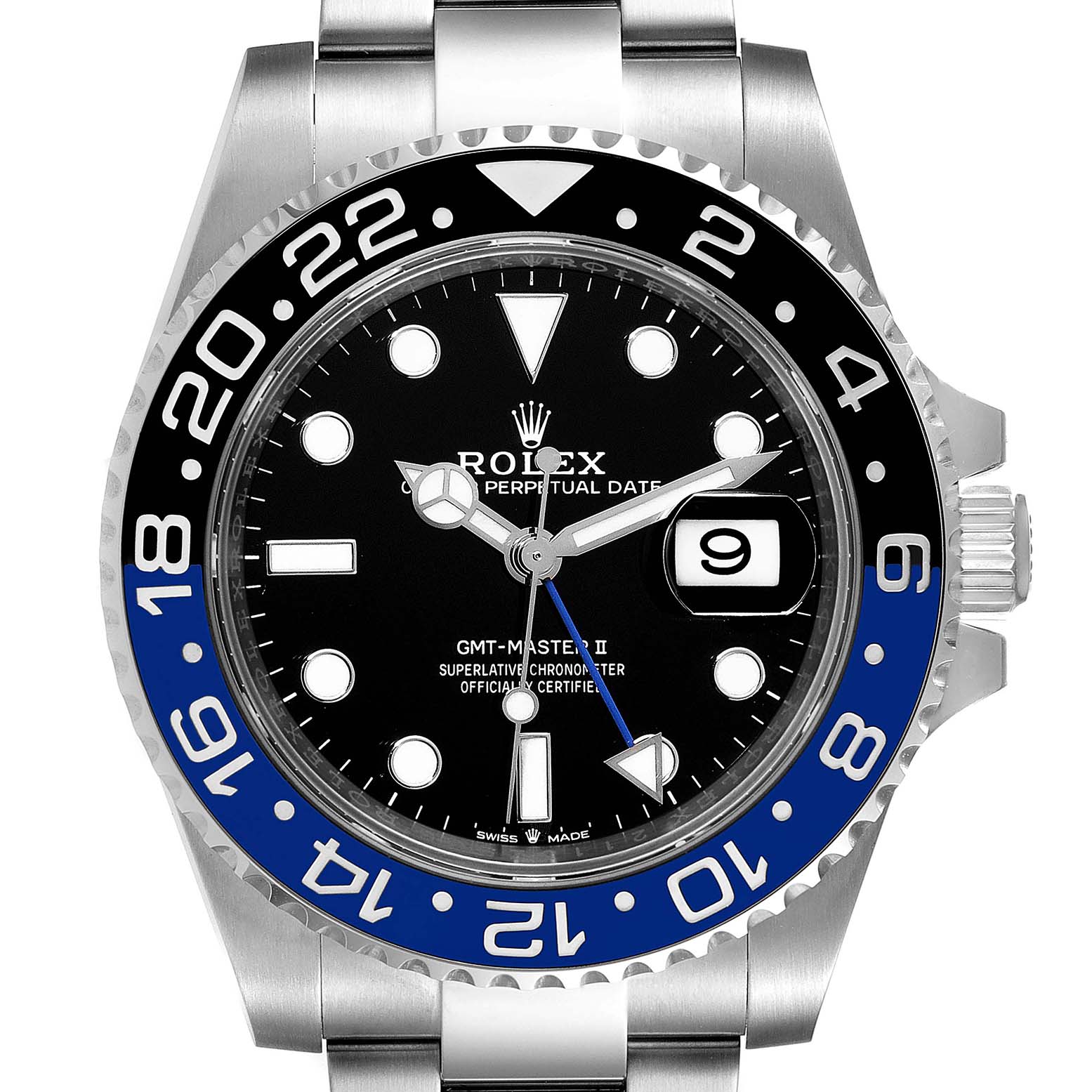 The image shows a Rolex GMT-Master 126710 Men
s Stainless Steel Black Dial 126710 Men
s Stainless Steel Black Dial II watch from a front angle, highlighting the dial and rotating bezel.