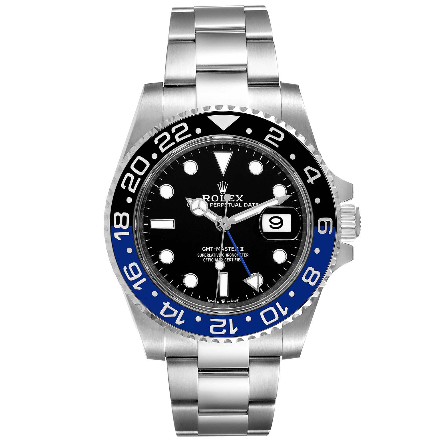 The image shows a front view of a Rolex GMT-Master 126710 Men
s Stainless Steel Black Dial 126710 Men
s Stainless Steel Black Dial watch with a black and blue bezel and a stainless steel bracelet.