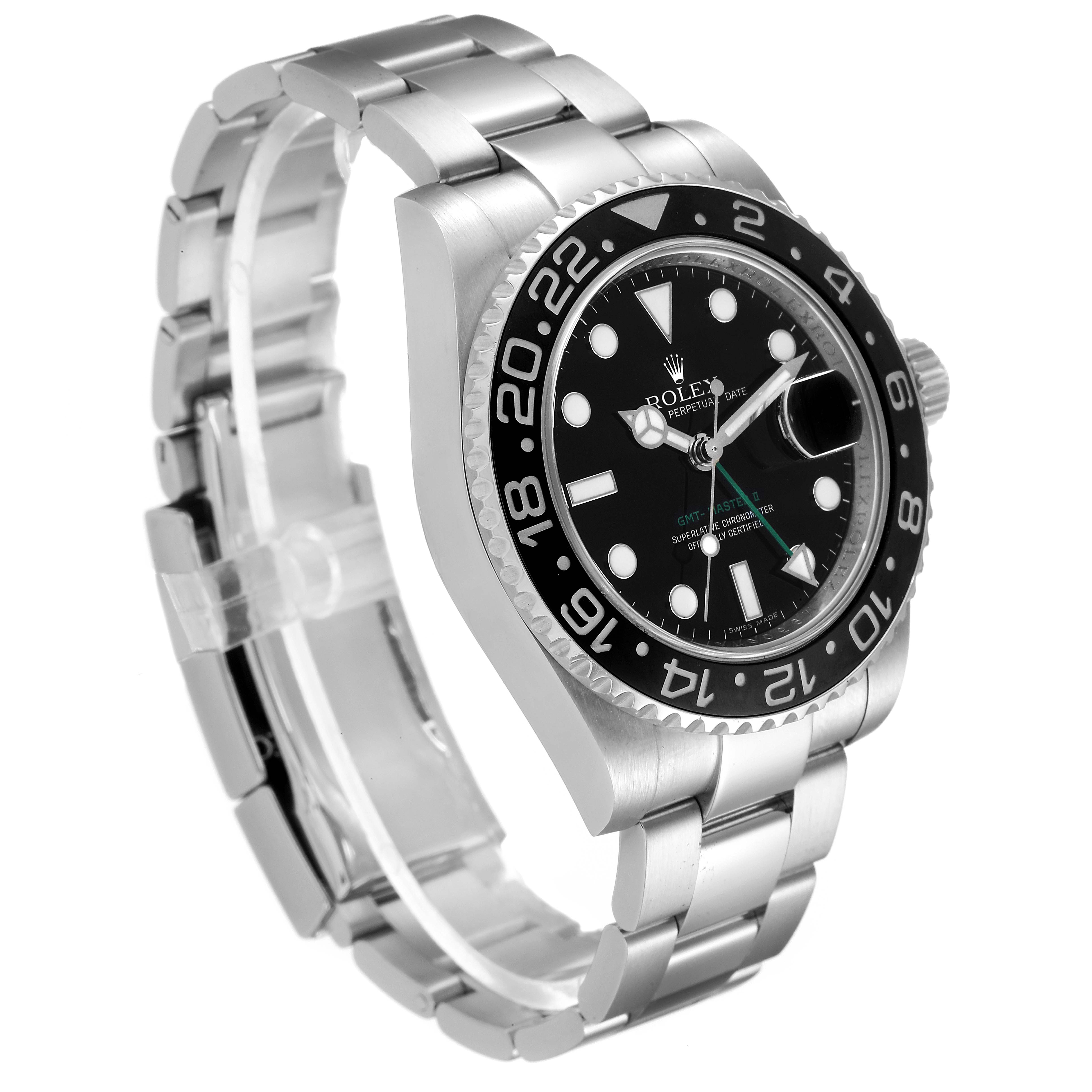 This image shows a side-angle view of a Rolex GMT-Master 116710 Men
s Stainless Steel Black Dial 116710 Men
s Stainless Steel Black Dial watch, highlighting its bezel, dial, bracelet, and crown.