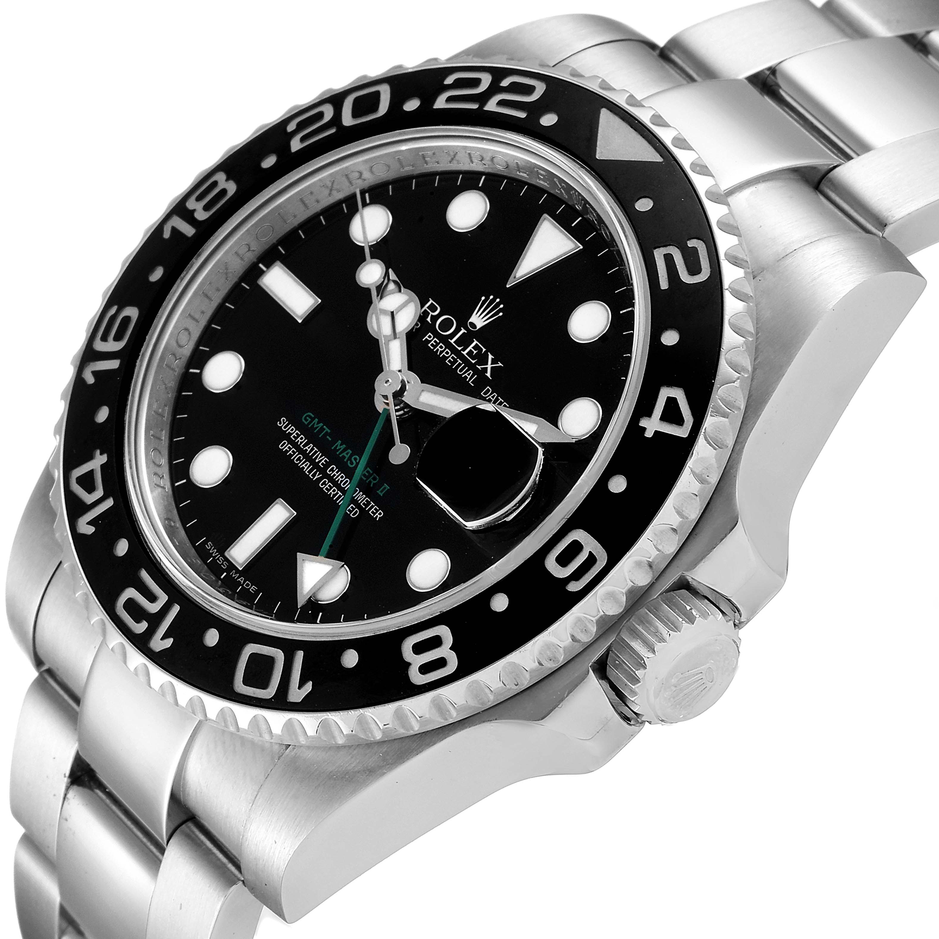 This image shows a close-up angled view of the Rolex GMT-Master 116710 Men
s Stainless Steel Black Dial 116710 Men
s Stainless Steel Black Dial watch, highlighting the bezel, dial, and bracelet.