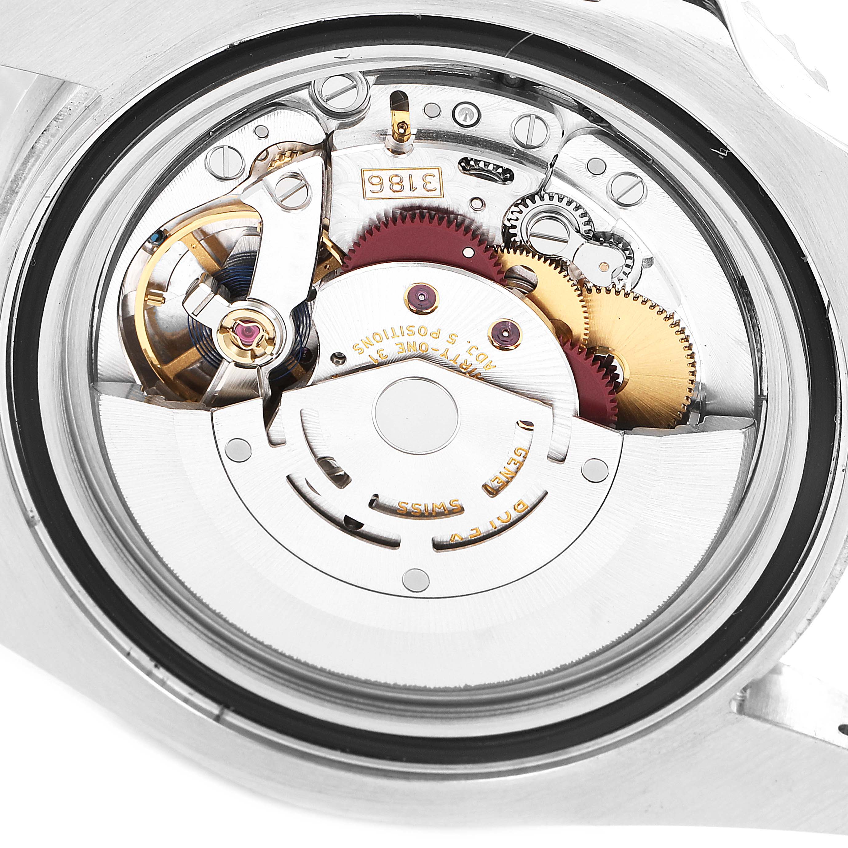 The image shows the internal mechanical movement of a Rolex GMT-Master 116710 Men
s Stainless Steel Black Dial 116710 Men
s Stainless Steel Black Dial watch from a rear angle.