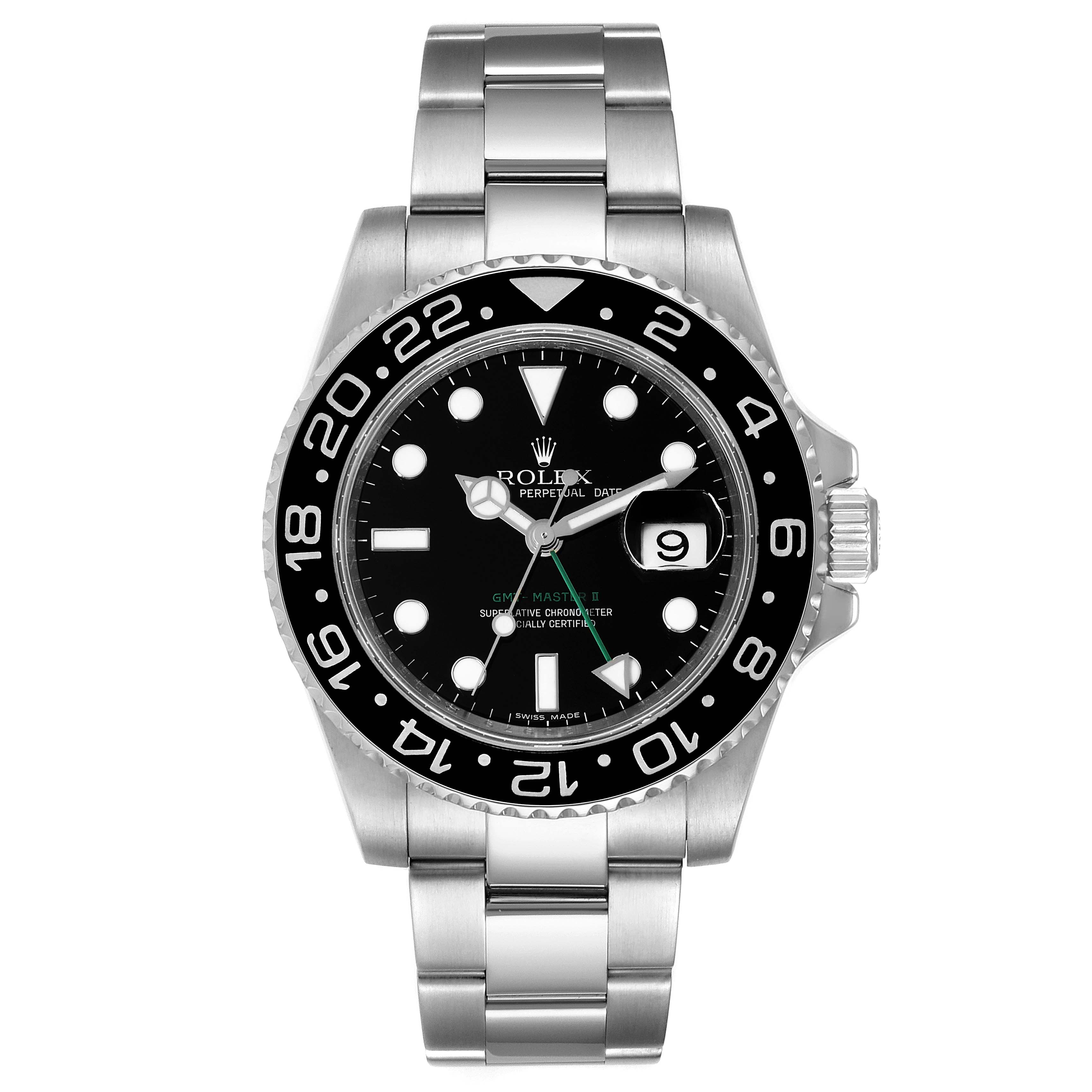 This image displays a Rolex GMT-Master 116710 Men
s Stainless Steel Black Dial 116710 Men
s Stainless Steel Black Dial II watch from a front angle, highlighting the bezel, dial, hands, and bracelet.