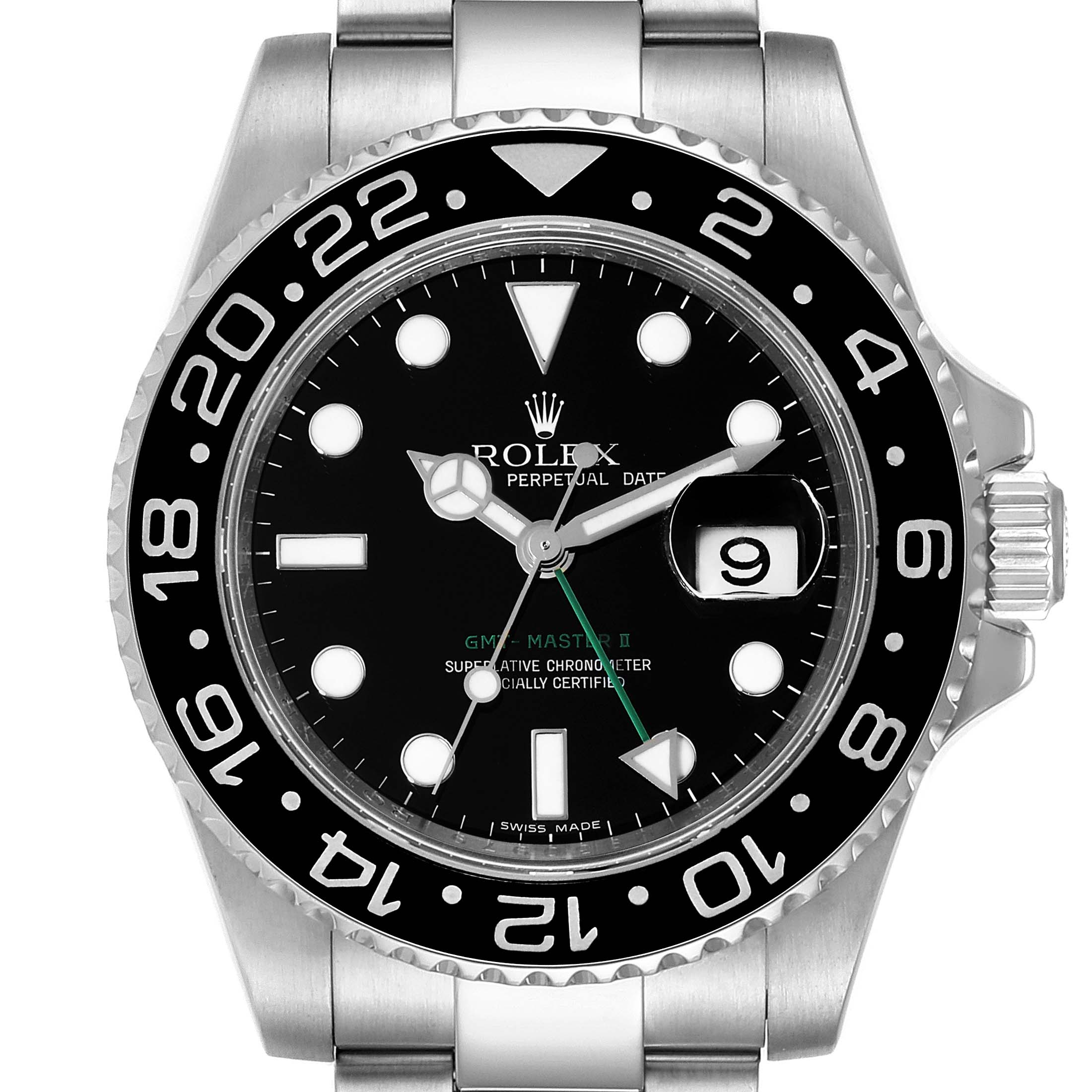 The image shows a head-on view of the Rolex GMT-Master 116710 Men
s Stainless Steel Black Dial 116710 Men
s Stainless Steel Black Dial II watch, highlighting its black dial, bezel, and part of the metal bracelet.