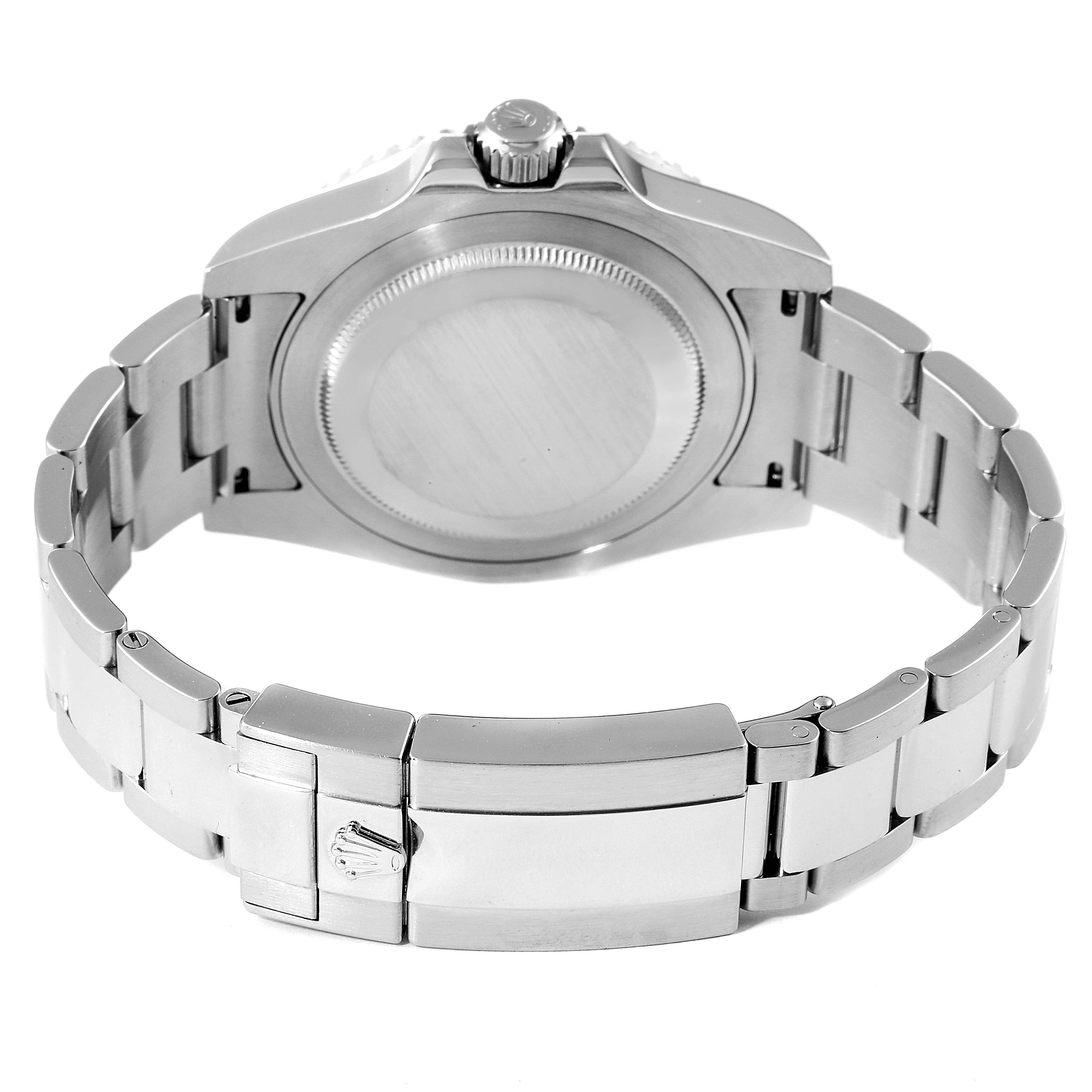 The image shows the back view of a Rolex GMT-Master 116710 Men
s Stainless Steel Black Dial 116710 Men
s Stainless Steel Black Dial watch, featuring the case back, crown, and stainless steel bracelet with a clasp.