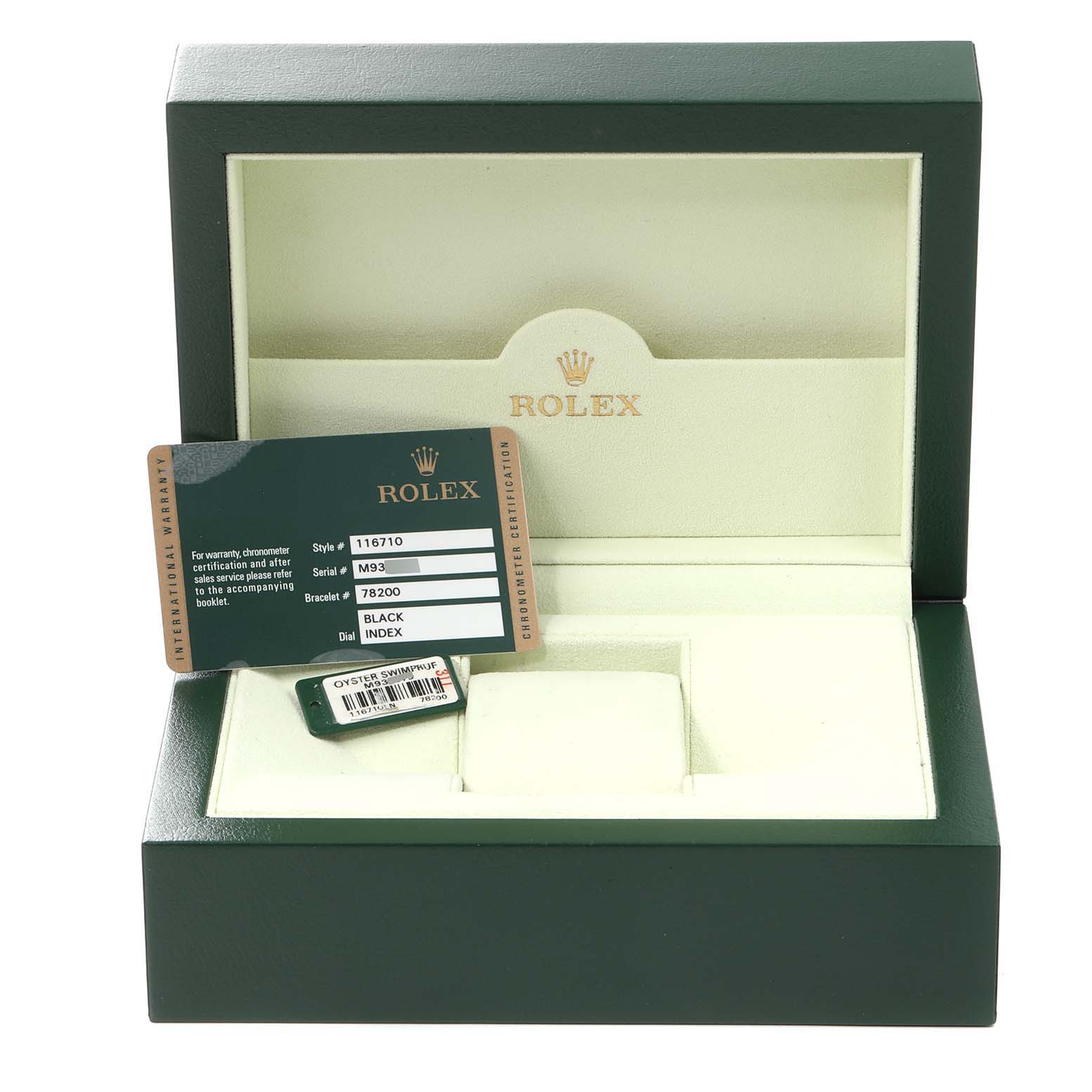 The image shows an open Rolex GMT-Master 116710 Men
s Stainless Steel Black Dial 116710 Men
s Stainless Steel Black Dial watch box with warranty card and tags.