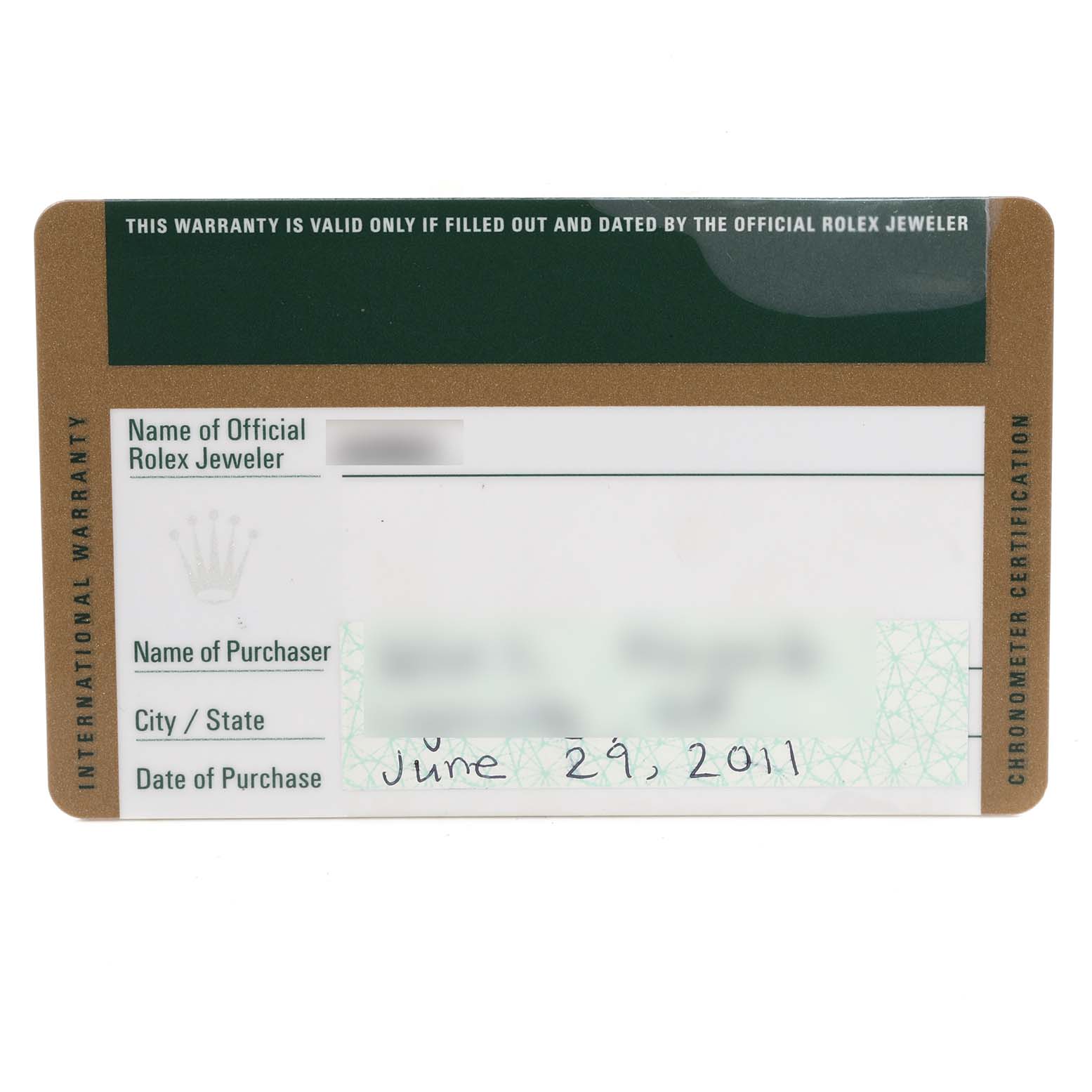 The image shows an official Rolex warranty card for the GMT-Master model, listing the jeweler
s and purchaser
s details and the date of purchase.