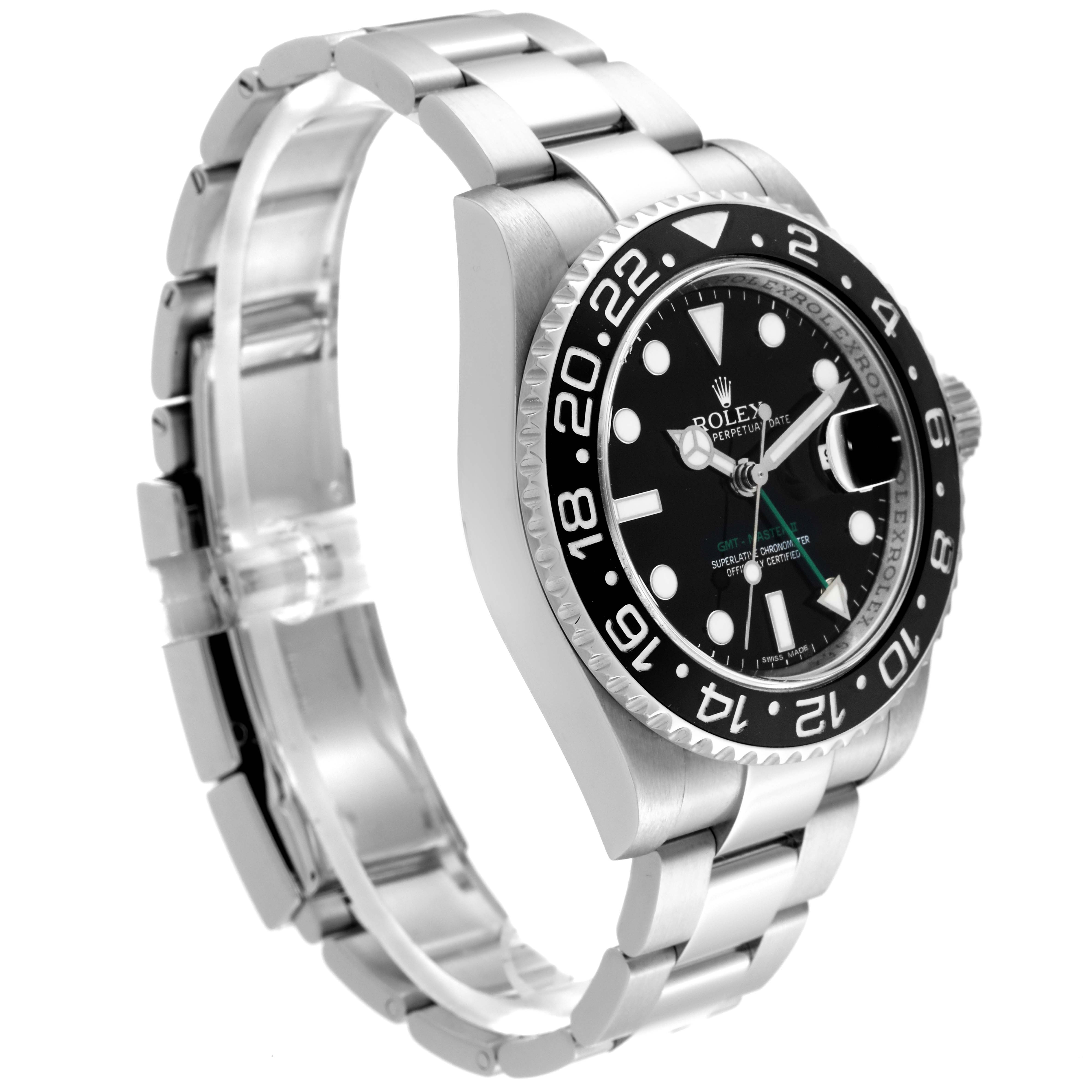 The Rolex GMT-Master 116710 Men
s Stainless Steel Black Dial 116710 Men
s Stainless Steel Black Dial watch is shown at an angle displaying its face, bezel, and part of the metal bracelet.