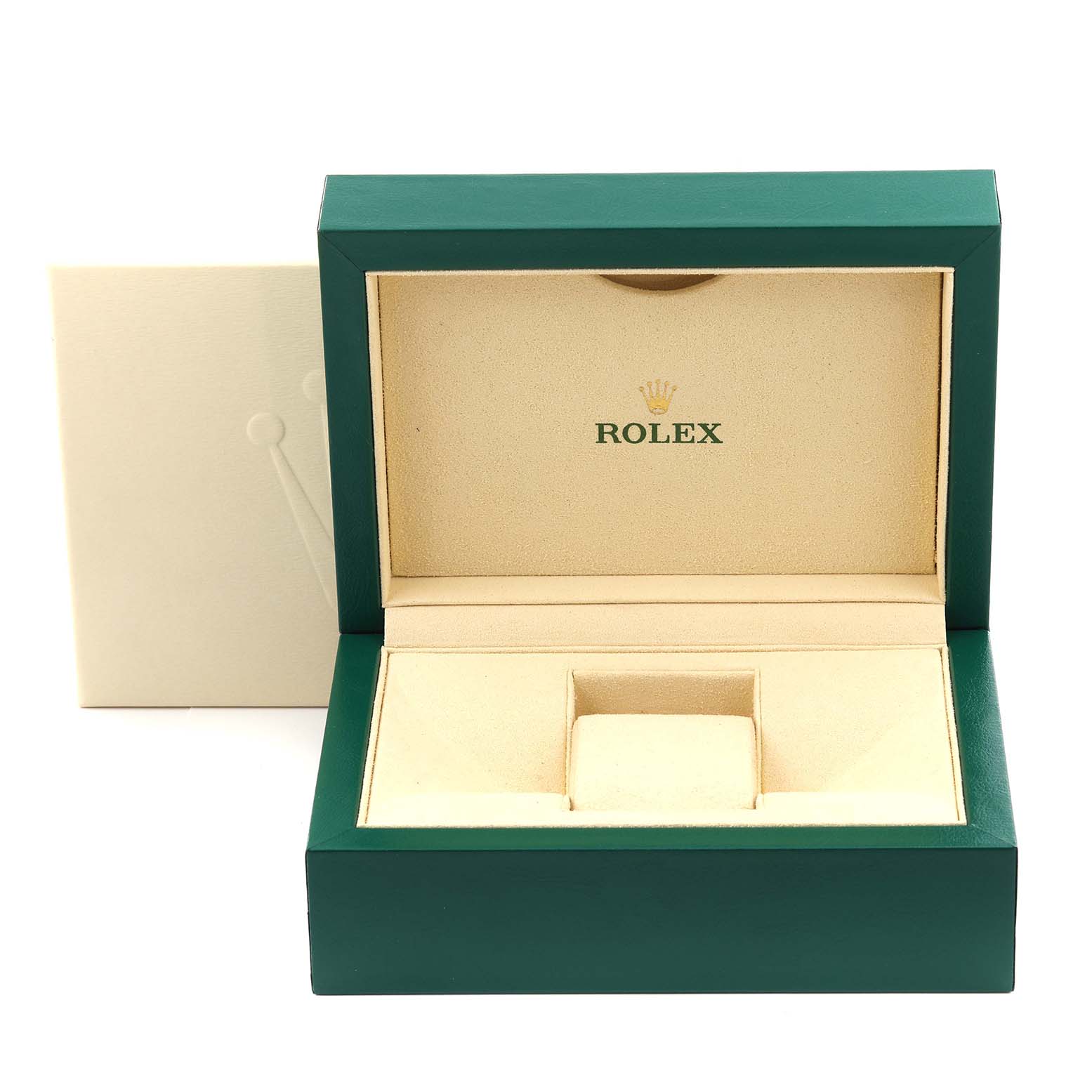 This image shows an open green Rolex watch box for the GMT-Master model, displaying the inner beige cushion and compartments.