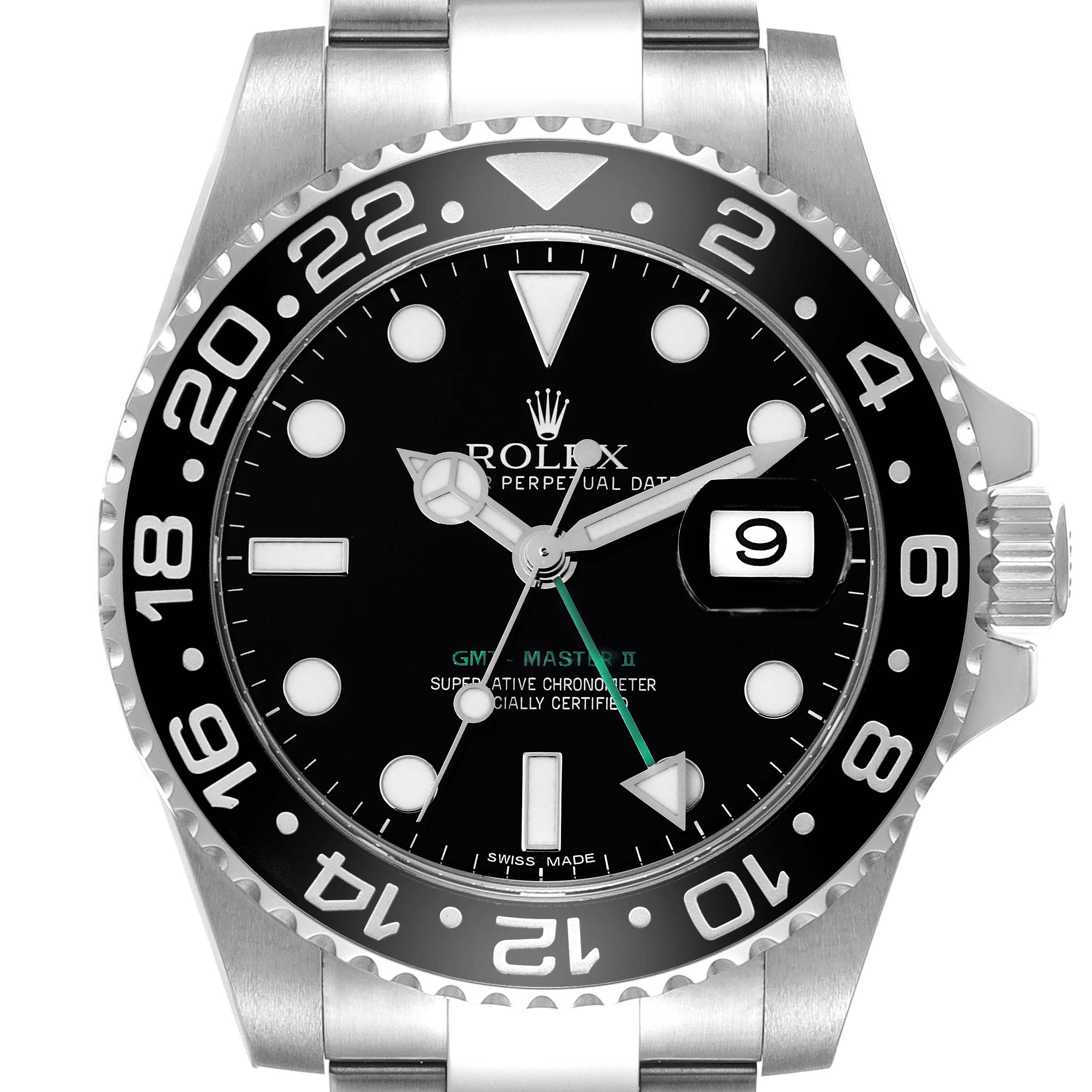 The image shows the front view of a Rolex GMT-Master 116710 Men
s Stainless Steel Black Dial 116710 Men
s Stainless Steel Black Dial II watch, highlighting the dial, bezel, and part of the bracelet.