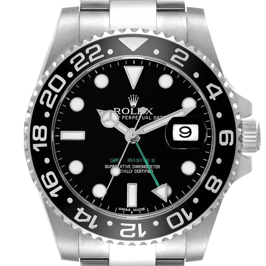 The image shows the front view of a Rolex GMT-Master II watch, highlighting the dial, bezel, and part of the bracelet.