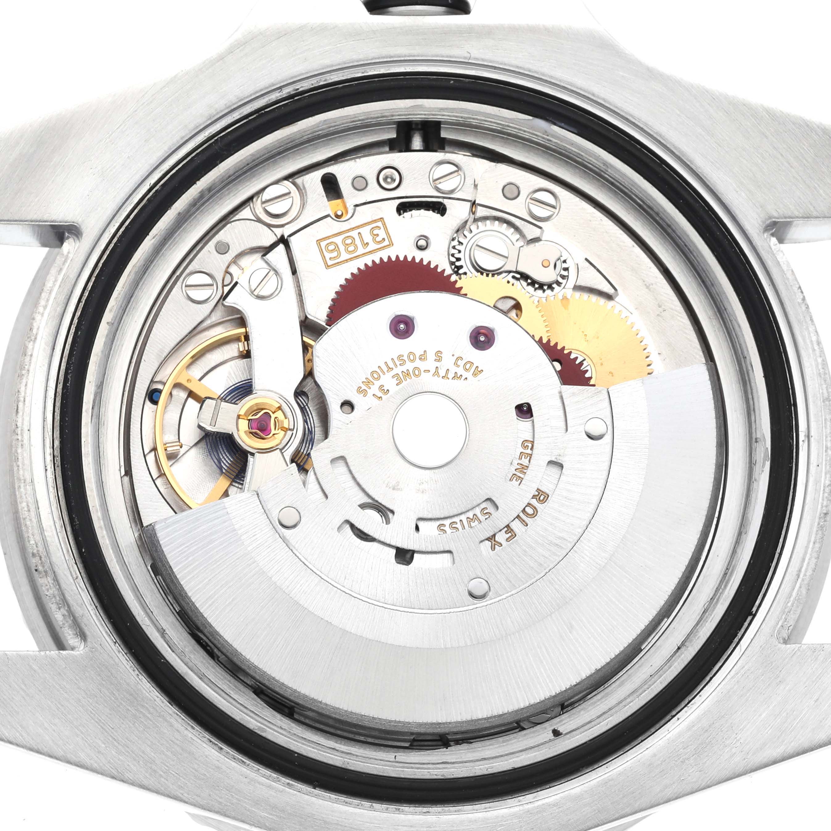 This image shows the internal mechanism of a Rolex GMT-Master 116710 Men
s Stainless Steel Black Dial 116710 Men
s Stainless Steel Black Dial watch from a top-down view.