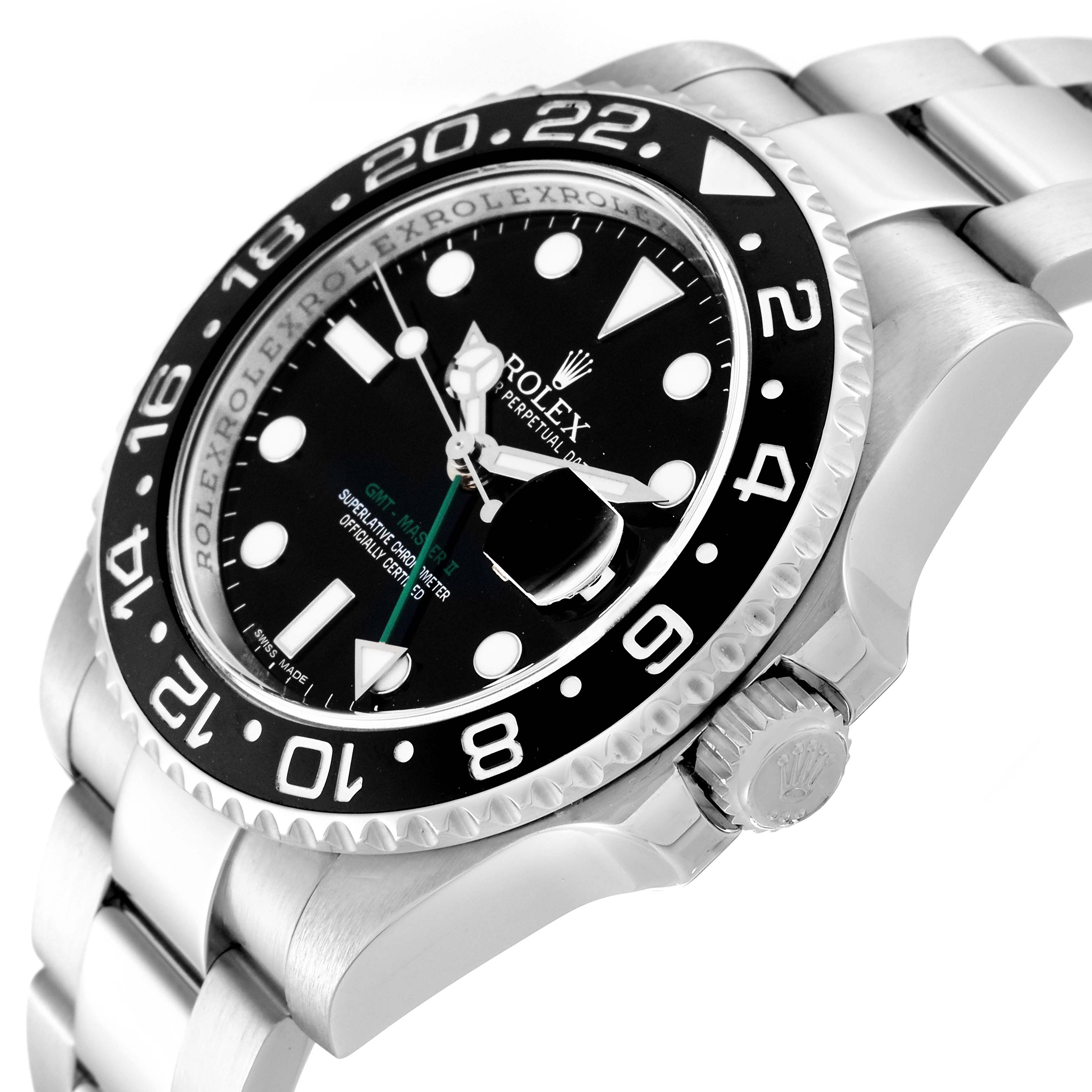 This image shows a side-angle view of a Rolex GMT-Master 116710 Men
s Stainless Steel Black Dial 116710 Men
s Stainless Steel Black Dial watch, highlighting its dial, bezel, crown, and bracelet.