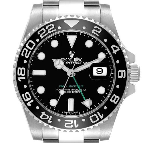 The image shows a front view of a Rolex GMT-Master II watch, highlighting its dial, bezel, and date window.