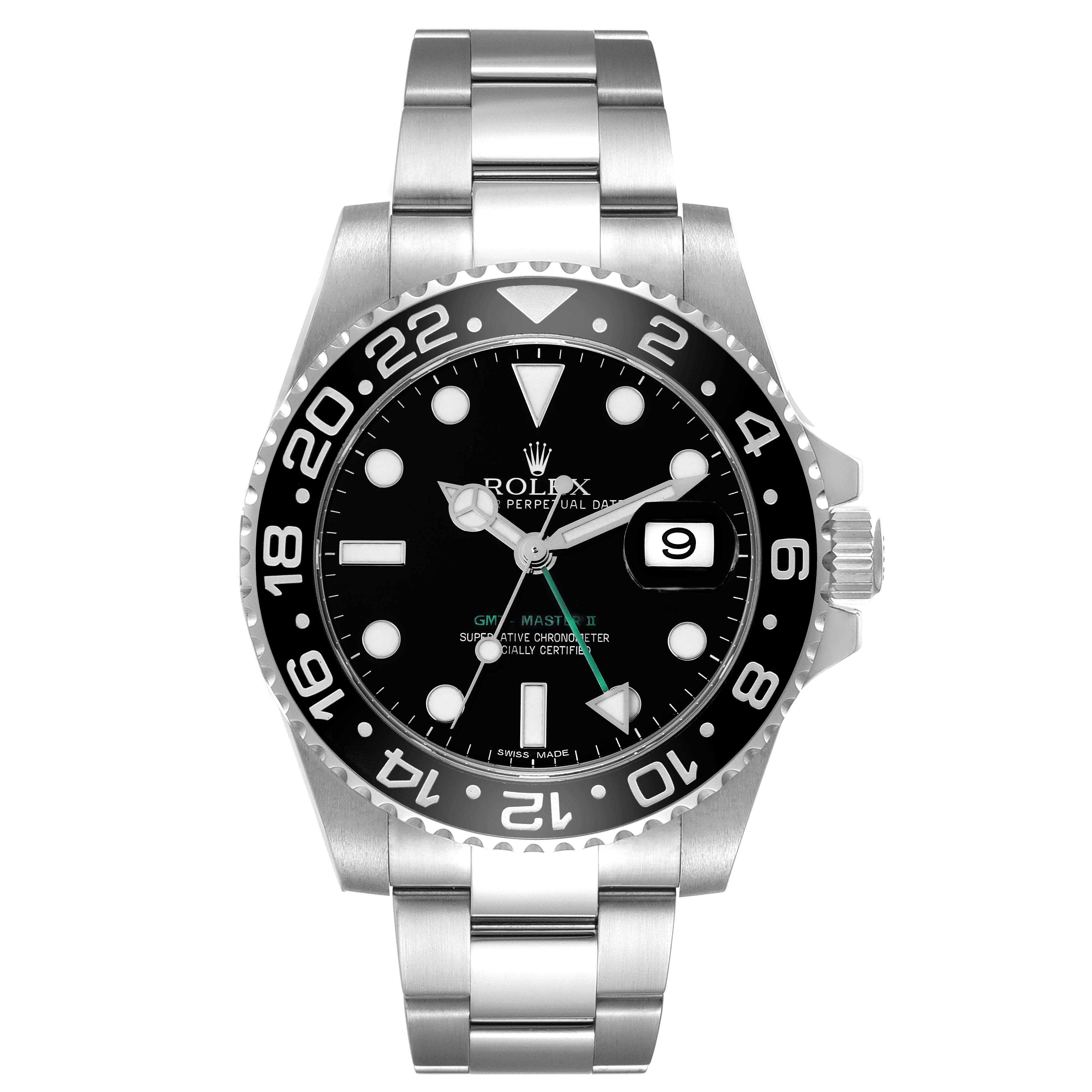 The image shows a Rolex GMT-Master 116710 Men
s Stainless Steel Black Dial 116710 Men
s Stainless Steel Black Dial II watch from a front-facing angle, highlighting the dial, bezel, and bracelet.