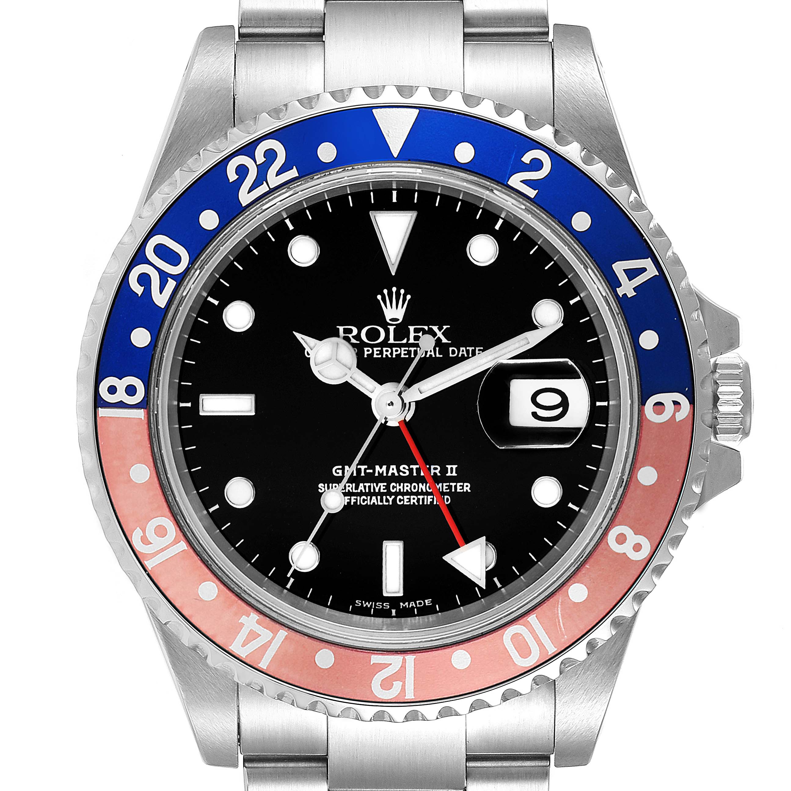 The image shows a front view of a Rolex GMT-Master 16710 Men
s Stainless Steel Black Dial 16710 Men
s Stainless Steel Black Dial II watch, displaying the bezel, dial, hands, date window, and part of the bracelet.