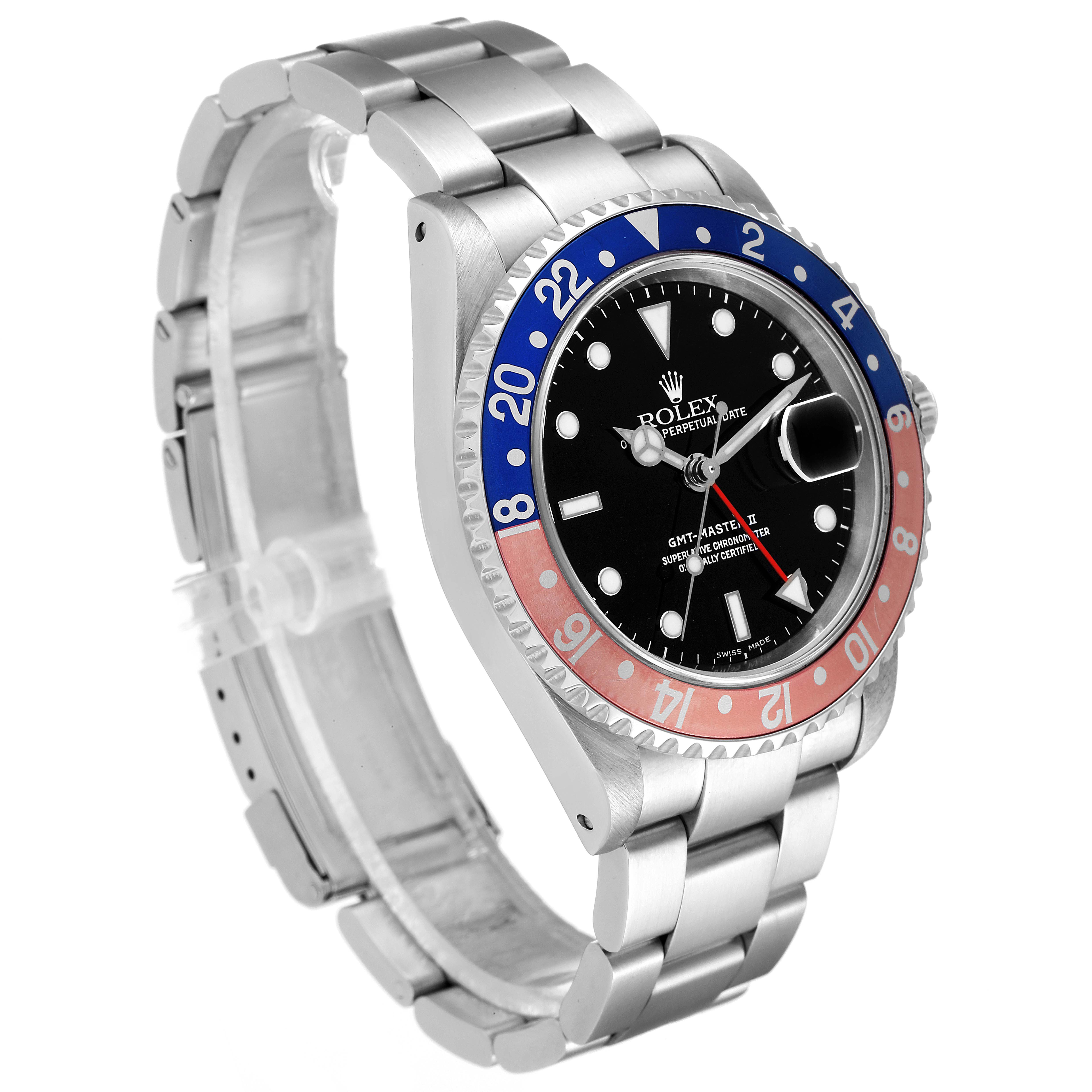 The image shows a side angle of a Rolex GMT-Master 16710 Men
s Stainless Steel Black Dial 16710 Men
s Stainless Steel Black Dial watch, highlighting its bezel, dial, and bracelet.