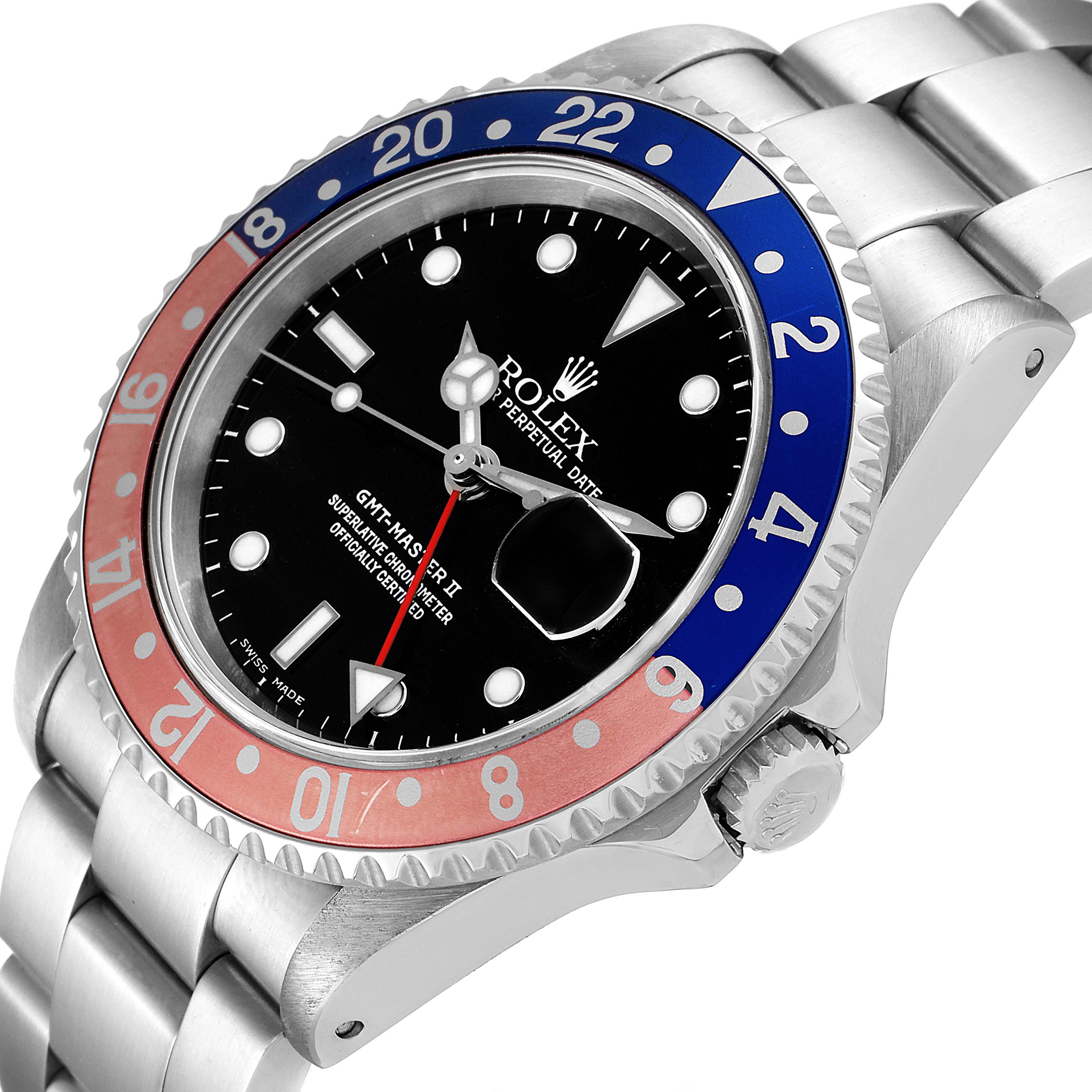 This image shows the face, bezel, and part of the bracelet of a Rolex GMT-Master 16710 Men
s Stainless Steel Black Dial 16710 Men
s Stainless Steel Black Dial II watch, angled from the front and slightly above.