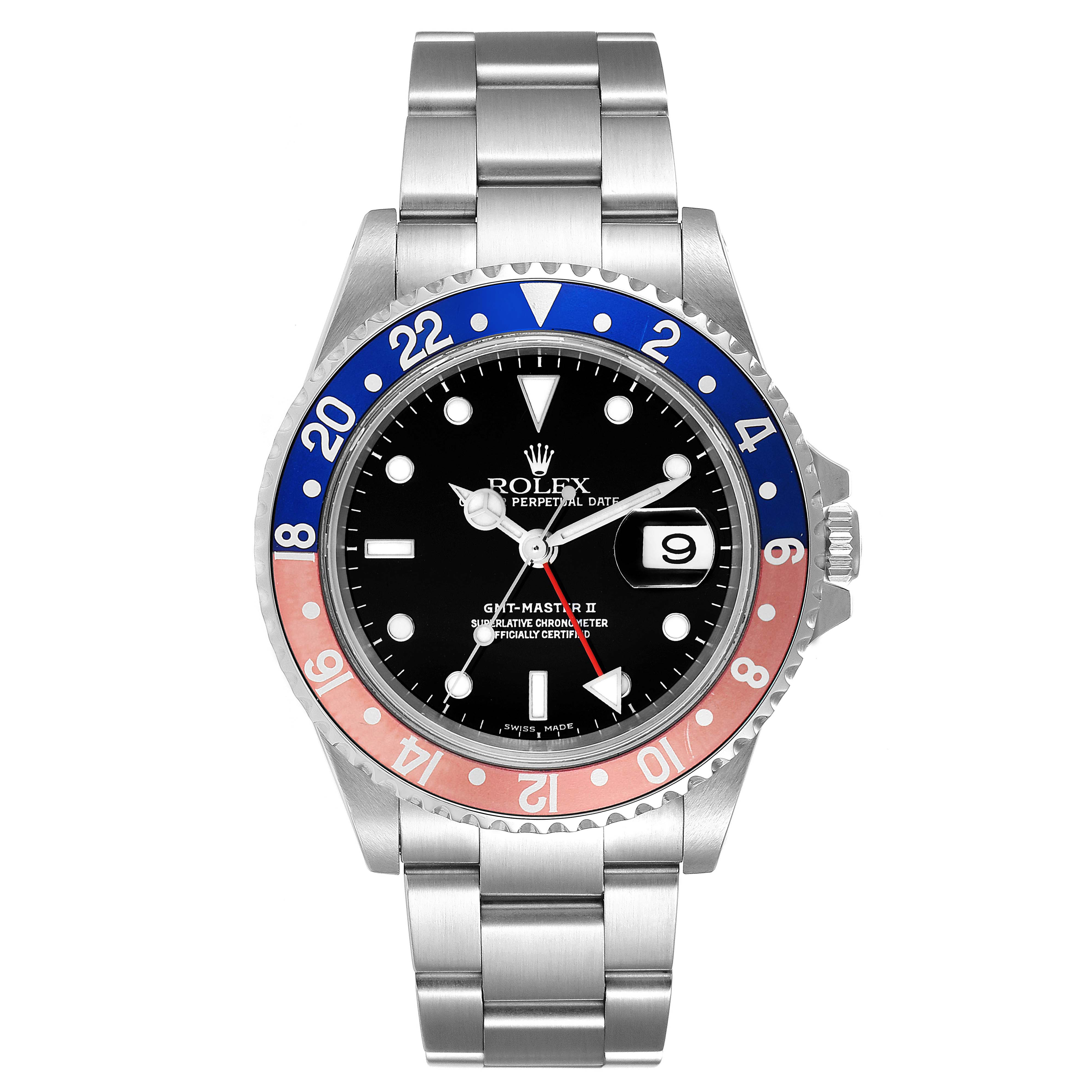 The Rolex GMT-Master 16710 Men
s Stainless Steel Black Dial 16710 Men
s Stainless Steel Black Dial watch is shown from a front angle, displaying the face, bezel, and bracelet.