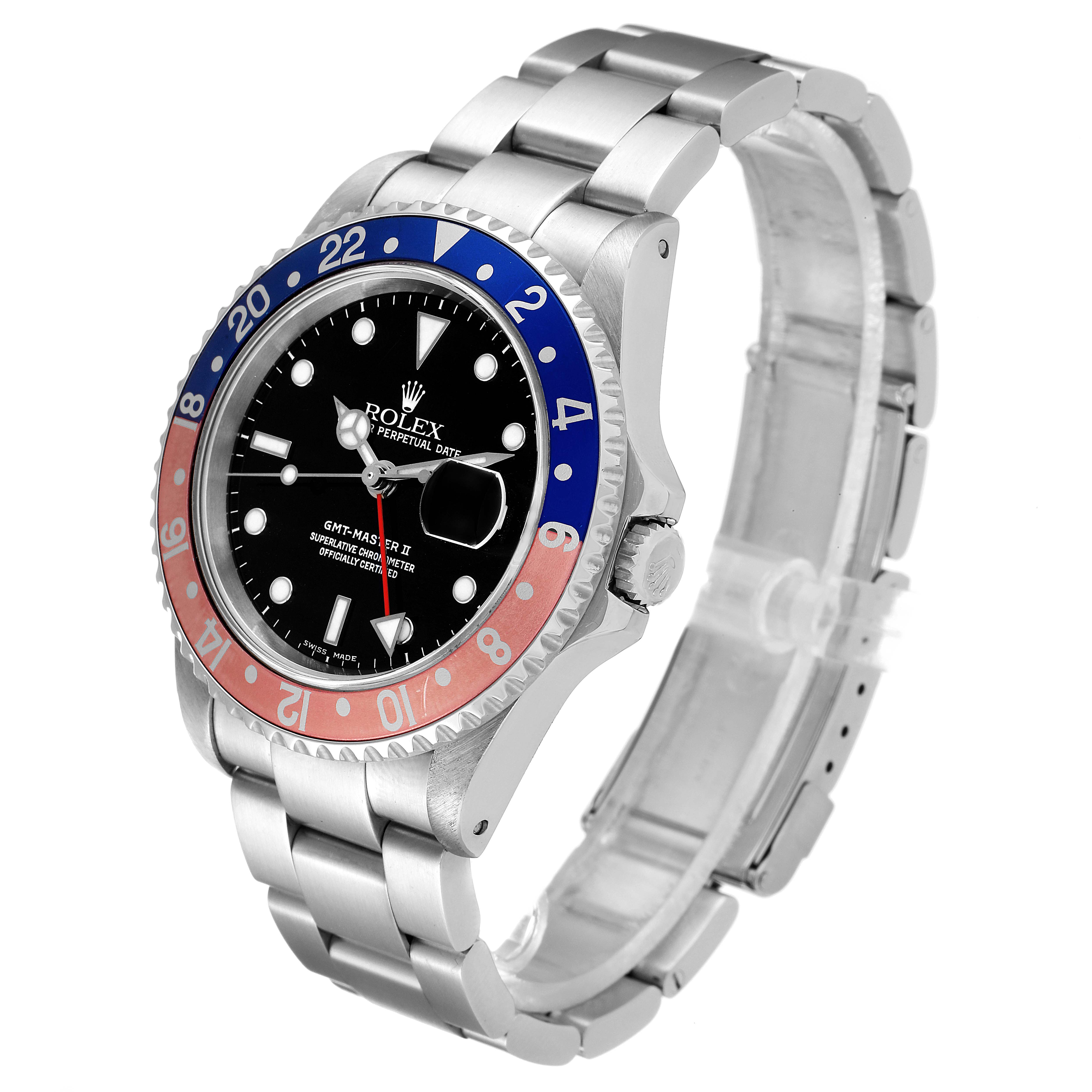 This image shows the side and front angle of the Rolex GMT-Master 16710 Men
s Stainless Steel Black Dial 16710 Men
s Stainless Steel Black Dial II with a two-tone bezel and stainless steel bracelet.