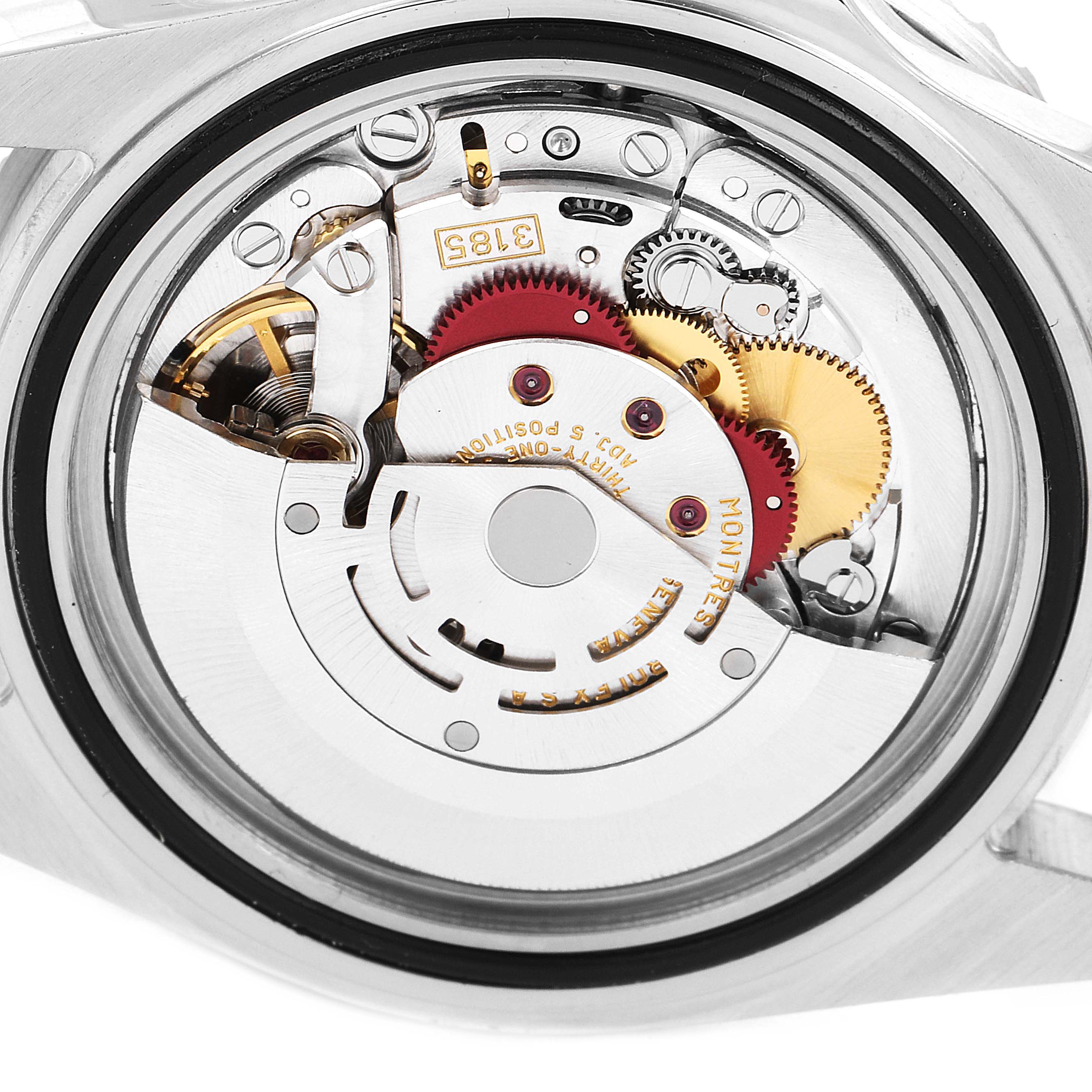 This image shows the back of a Rolex GMT-Master 16710 Men
s Stainless Steel Black Dial 16710 Men
s Stainless Steel Black Dial watch, revealing part of its intricate internal movement mechanism.