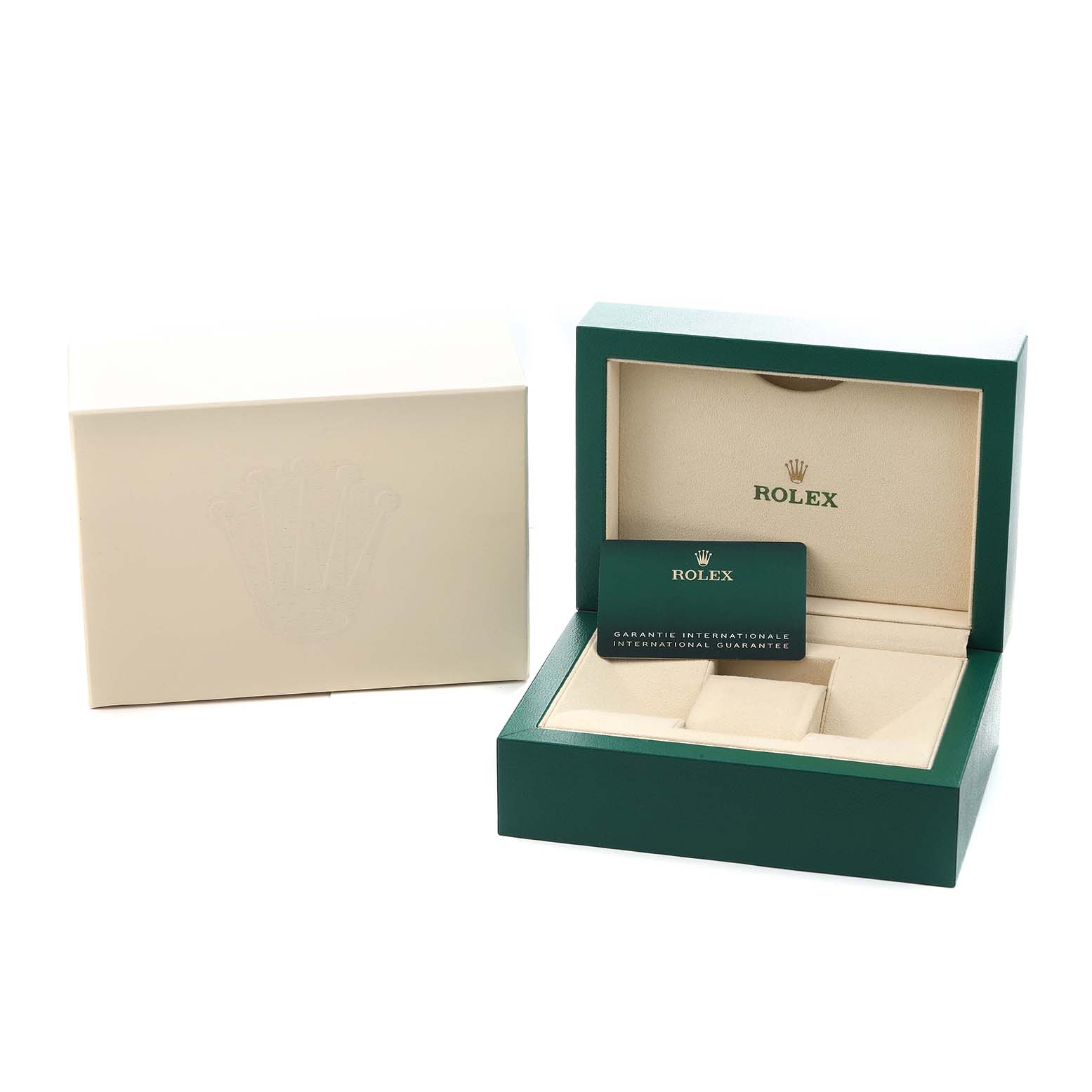 This image shows an open Rolex GMT-Master 126720 Men
s Stainless Steel Black Dial box with guarantee card and an outer beige packaging box.