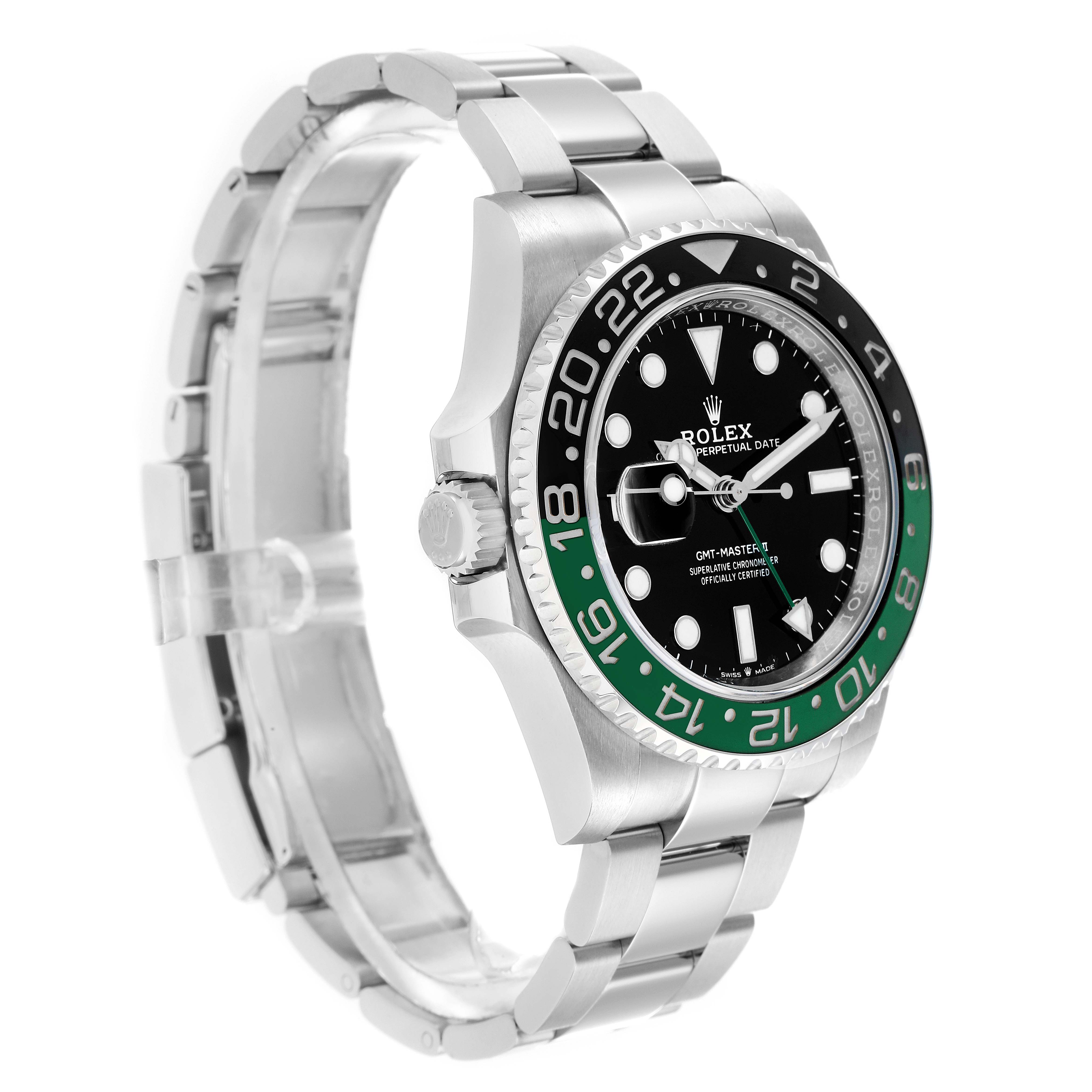 The Rolex GMT-Master 126720 Men
s Stainless Steel Black Dial watch is shown at a slight right side angle, highlighting the bezel, dial, case, and bracelet.