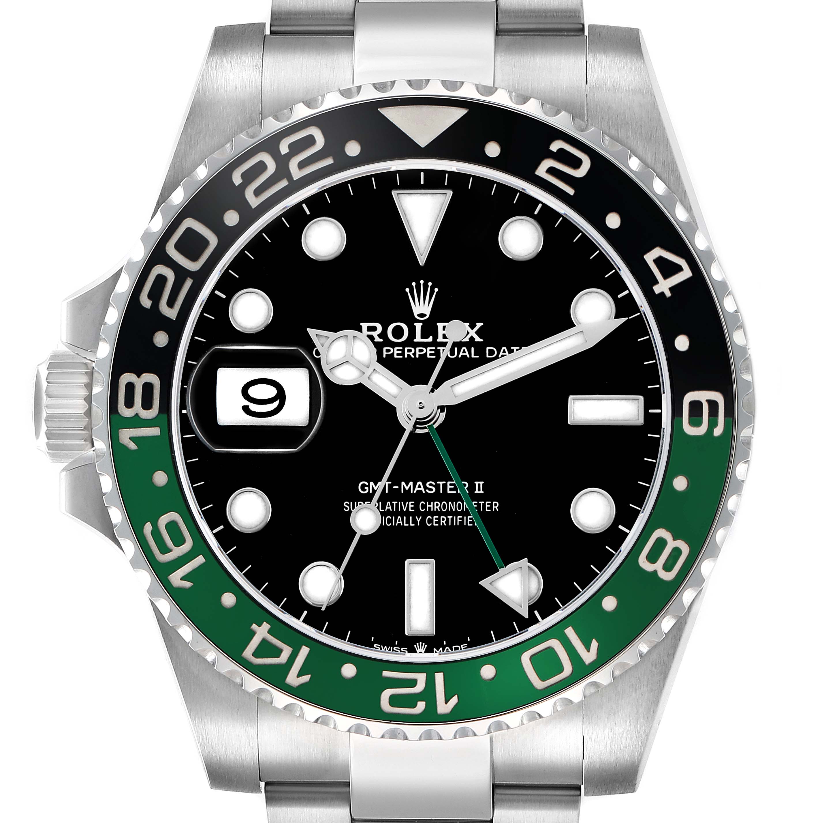 The Rolex GMT-Master 126720 Men
s Stainless Steel Black Dial watch is shown from a front angle, highlighting the bezel, dial, hands, and bracelet.