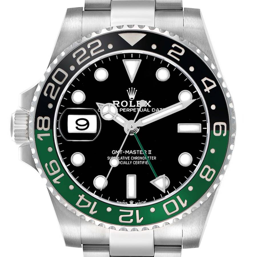 The Rolex GMT-Master 126720 Men's Stainless Steel Black Dial watch is shown from a front angle, highlighting the bezel, dial, hands, and bracelet.