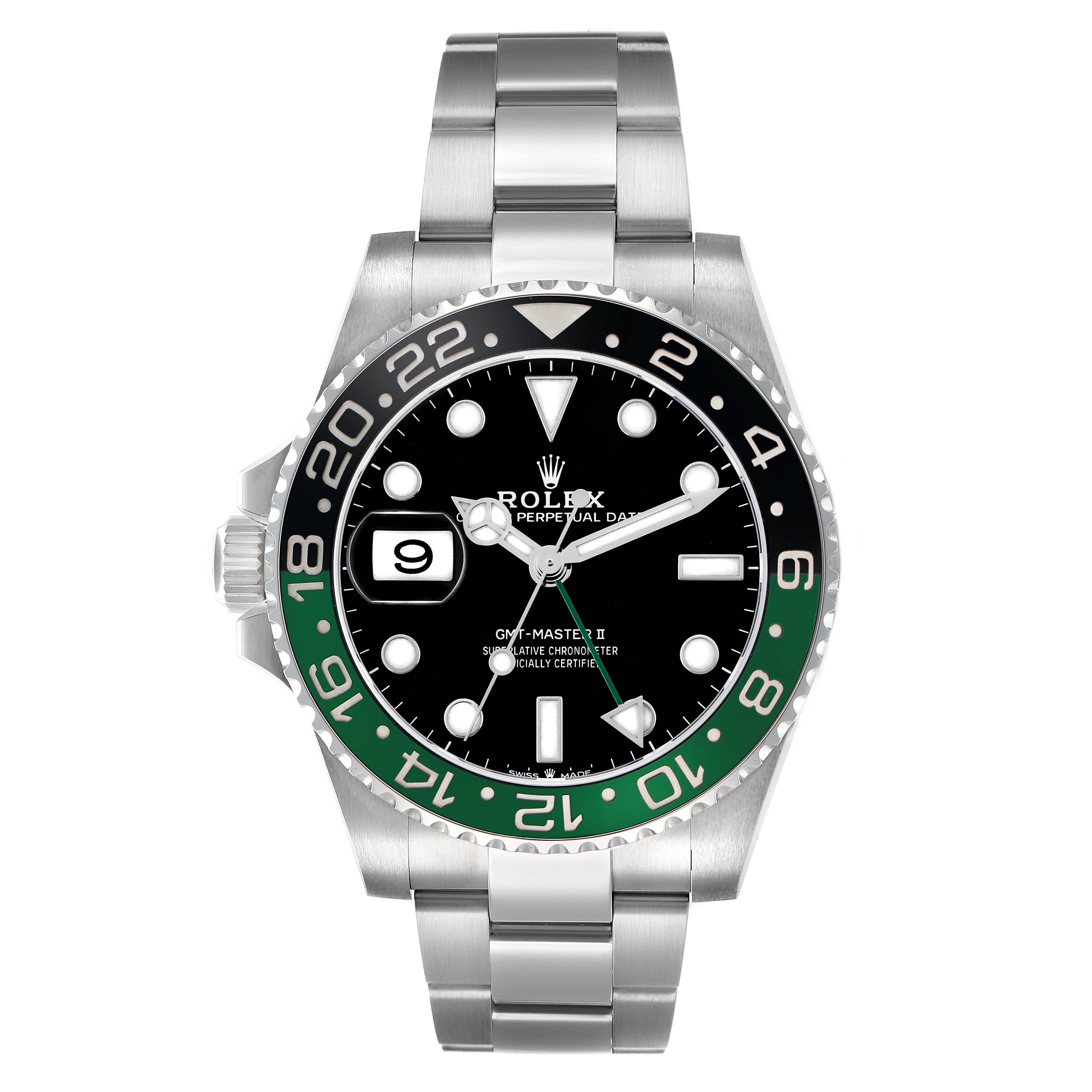 The Rolex GMT-Master 126720 Men
s Stainless Steel Black Dial watch is shown from the front, displaying the dial, bezel, and bracelet.