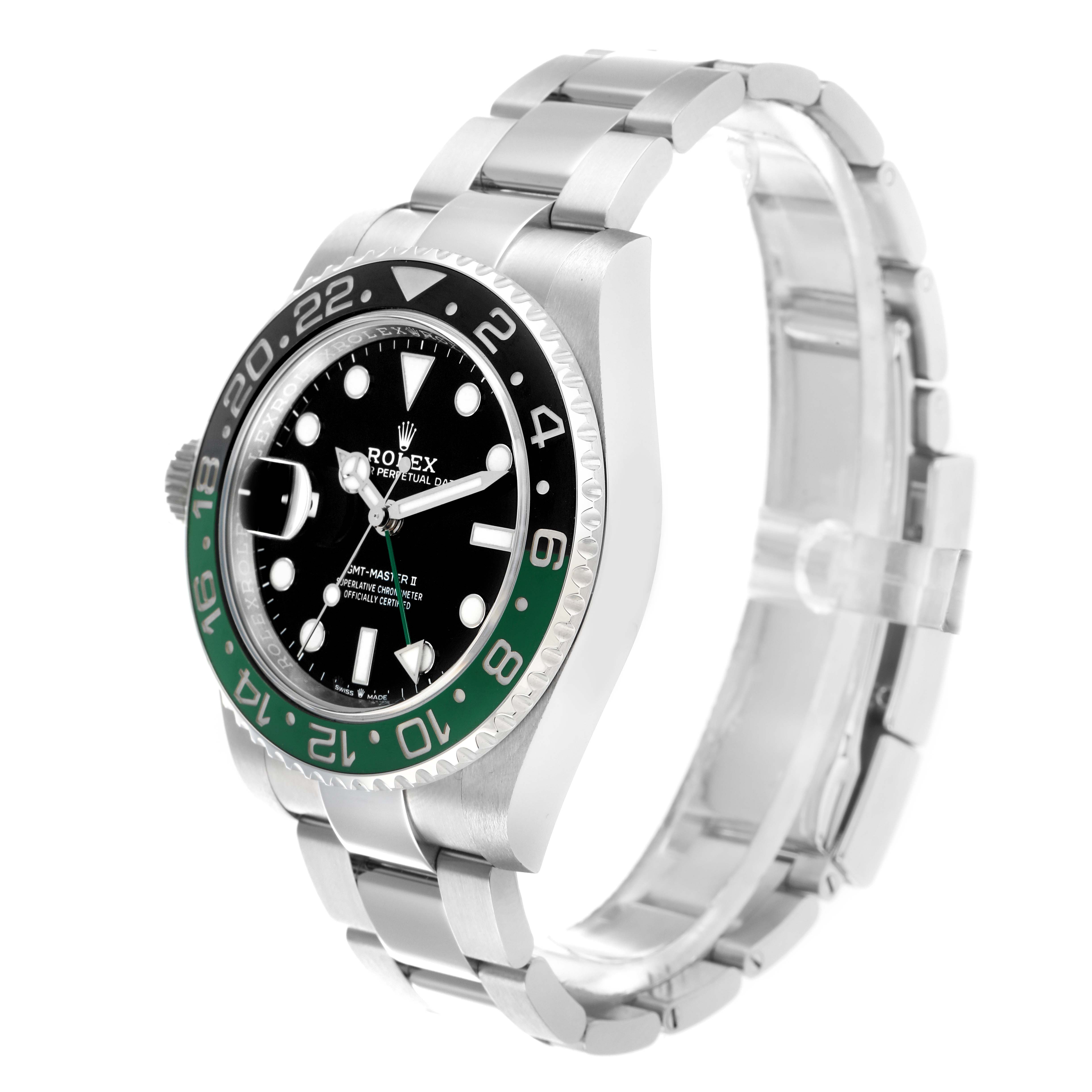 The Rolex GMT-Master 126720 Men
s Stainless Steel Black Dial watch is shown at a three-quarter angle, highlighting the face, bezel, and part of the bracelet.