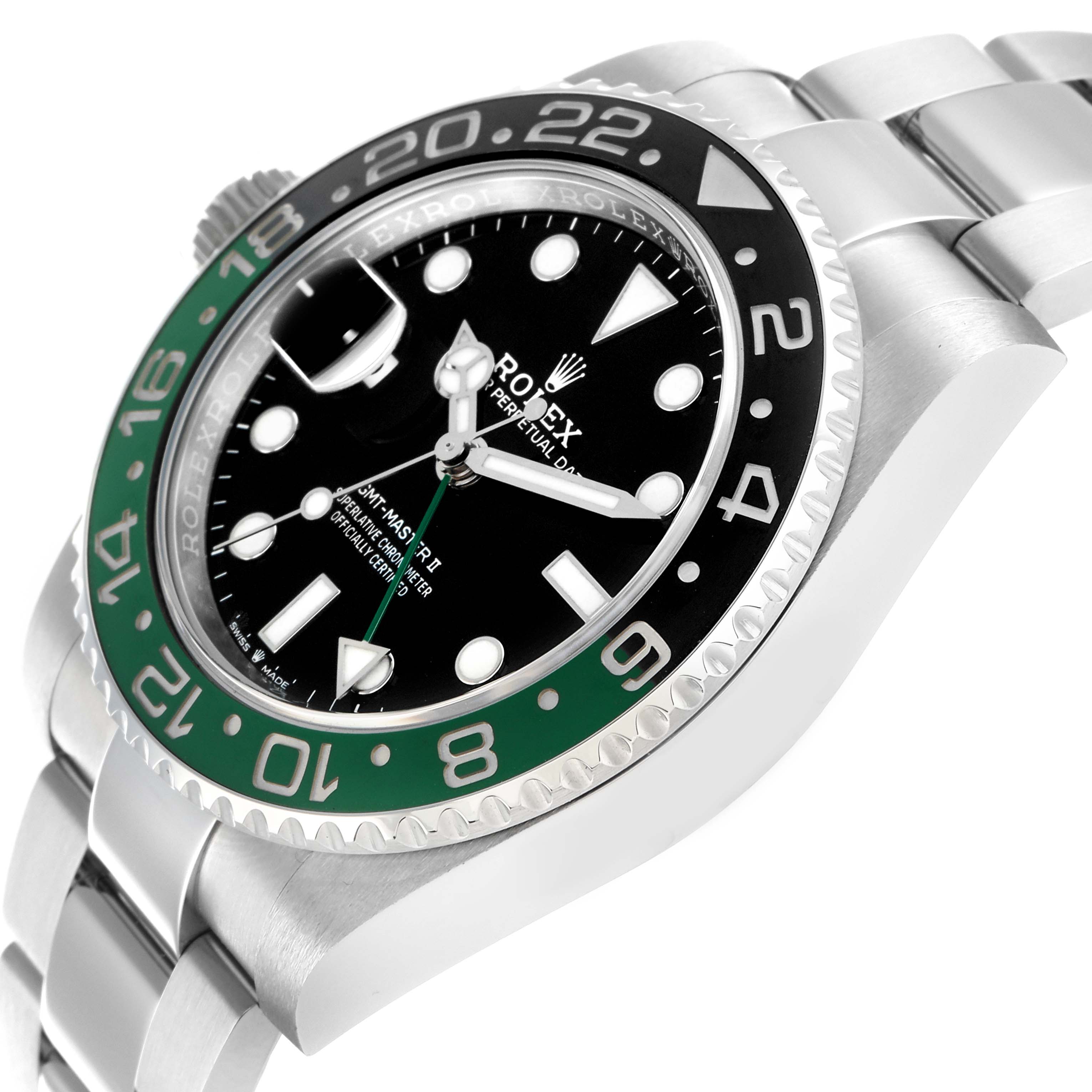 The image shows a side angle of the Rolex GMT-Master 126720 Men
s Stainless Steel Black Dial, highlighting the bezel, dial, and part of the bracelet.