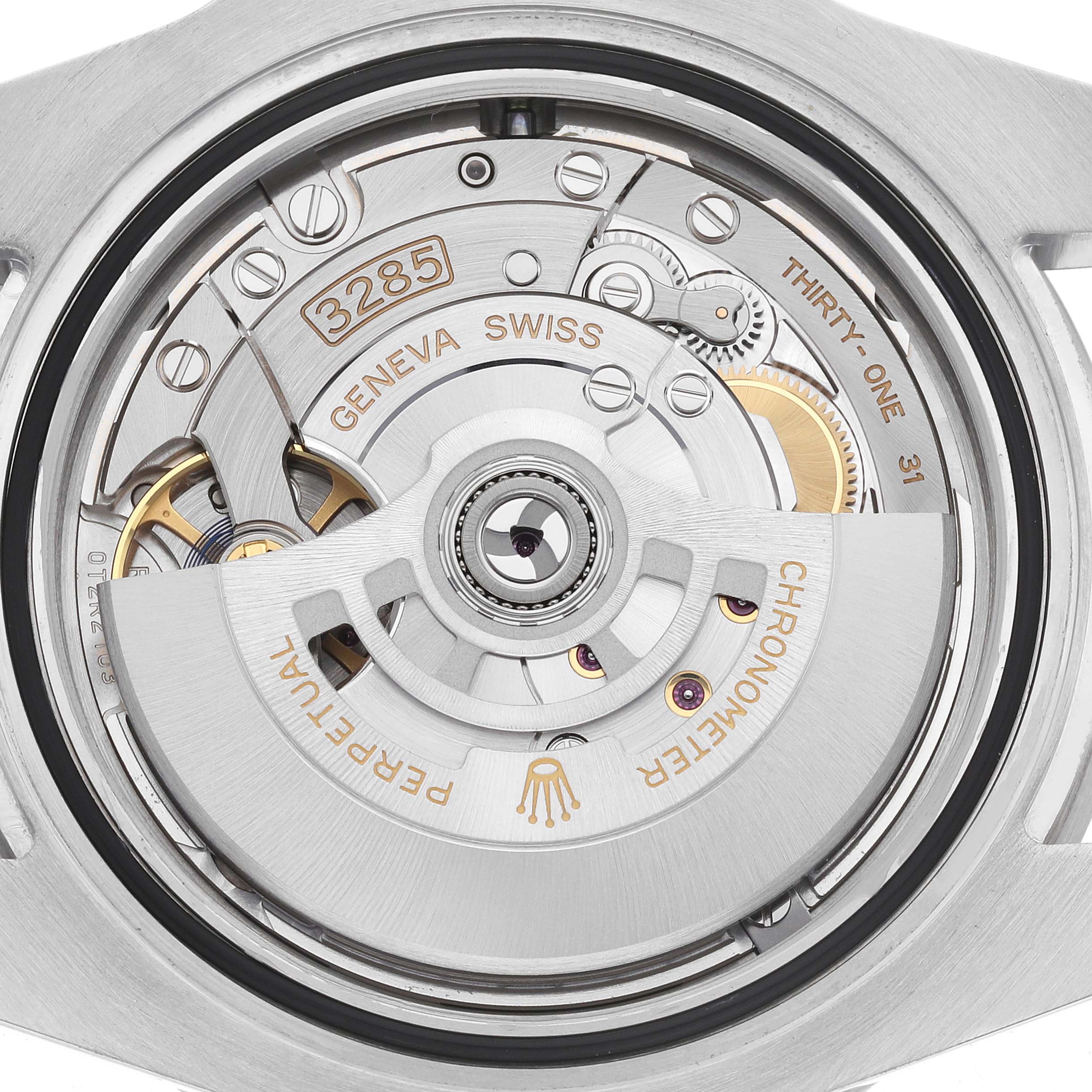 The image shows the rear view of the Rolex GMT-Master 126720 Men
s Stainless Steel Black Dial, highlighting the intricate movement mechanism and rotor.