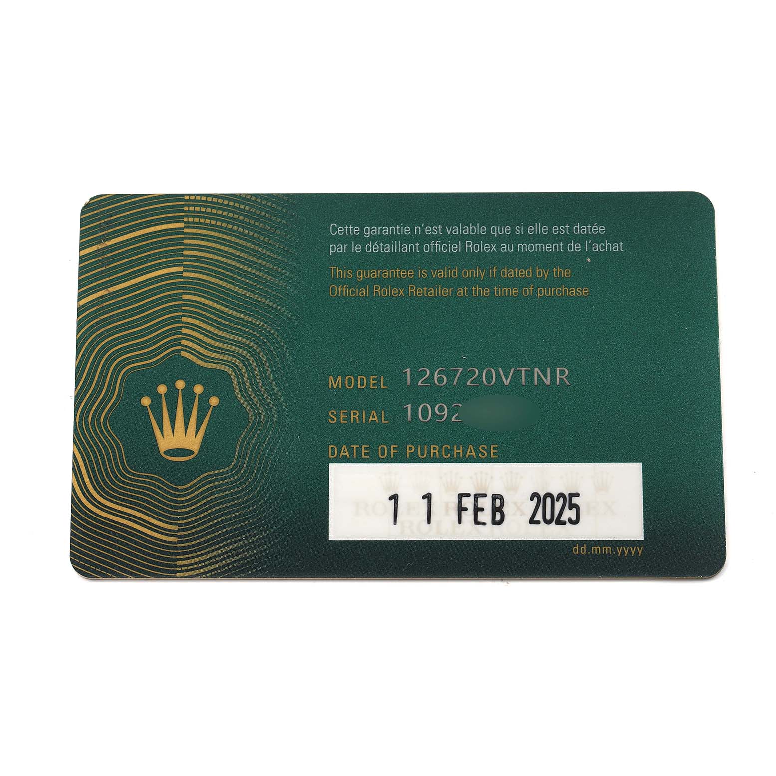 The image shows a warranty card for a Rolex GMT-Master 126720 Men
s Stainless Steel Black Dial with model number 126720VTNR.