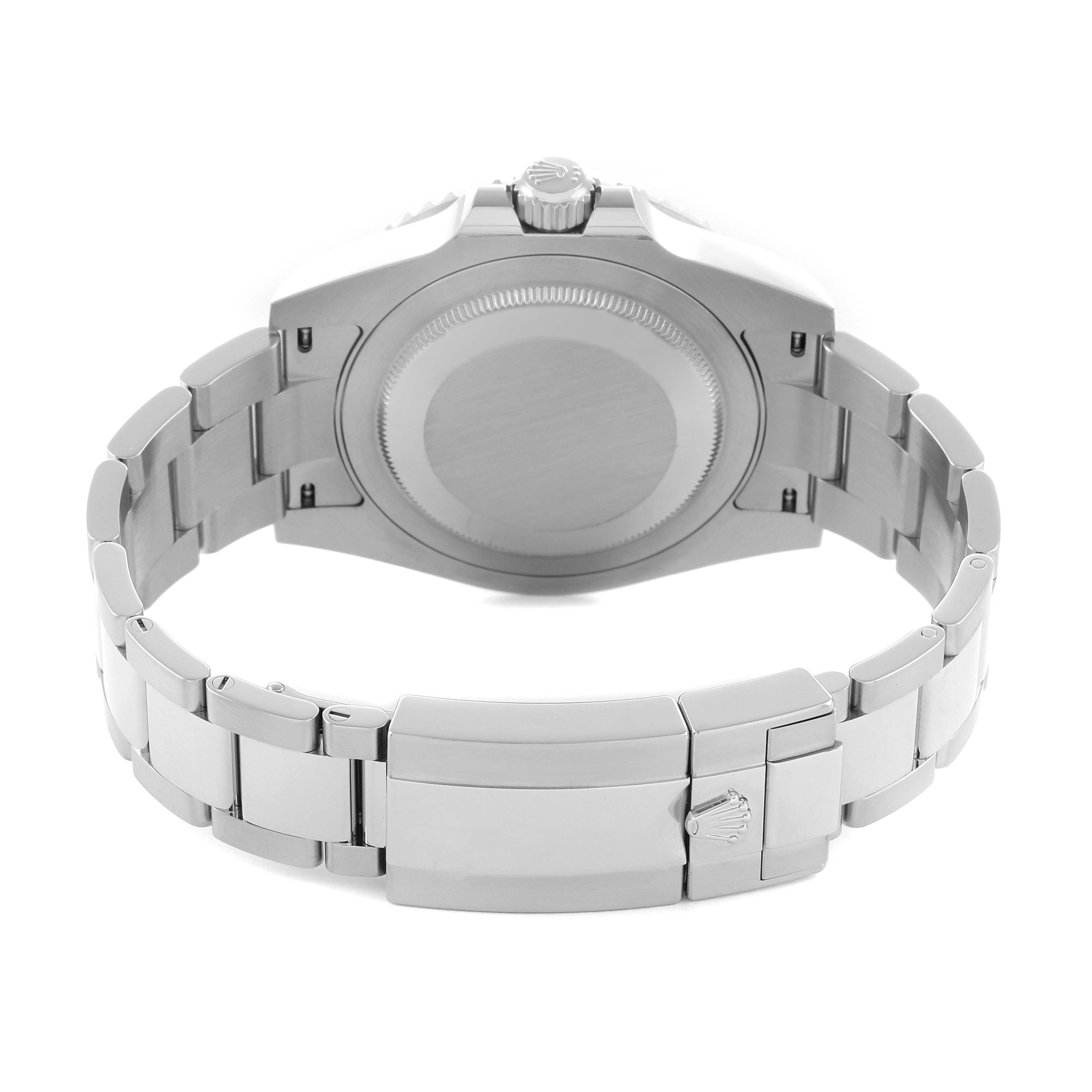 The image shows the back of a Rolex GMT-Master 126720 Men
s Stainless Steel Black Dial watch, highlighting the case back and bracelet clasp.