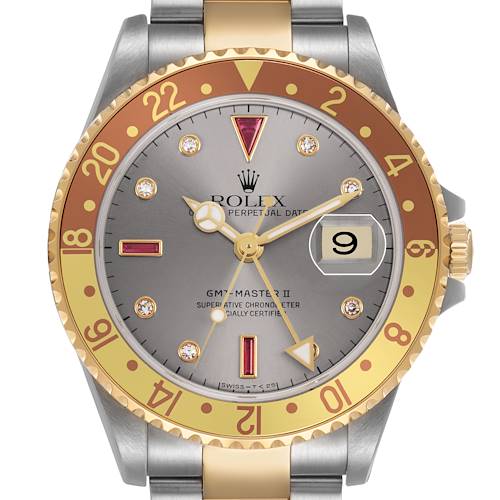 Photo of Rolex GMT Master II Steel Yellow Gold Diamond Serti Dial Watch 16713 Box Papers