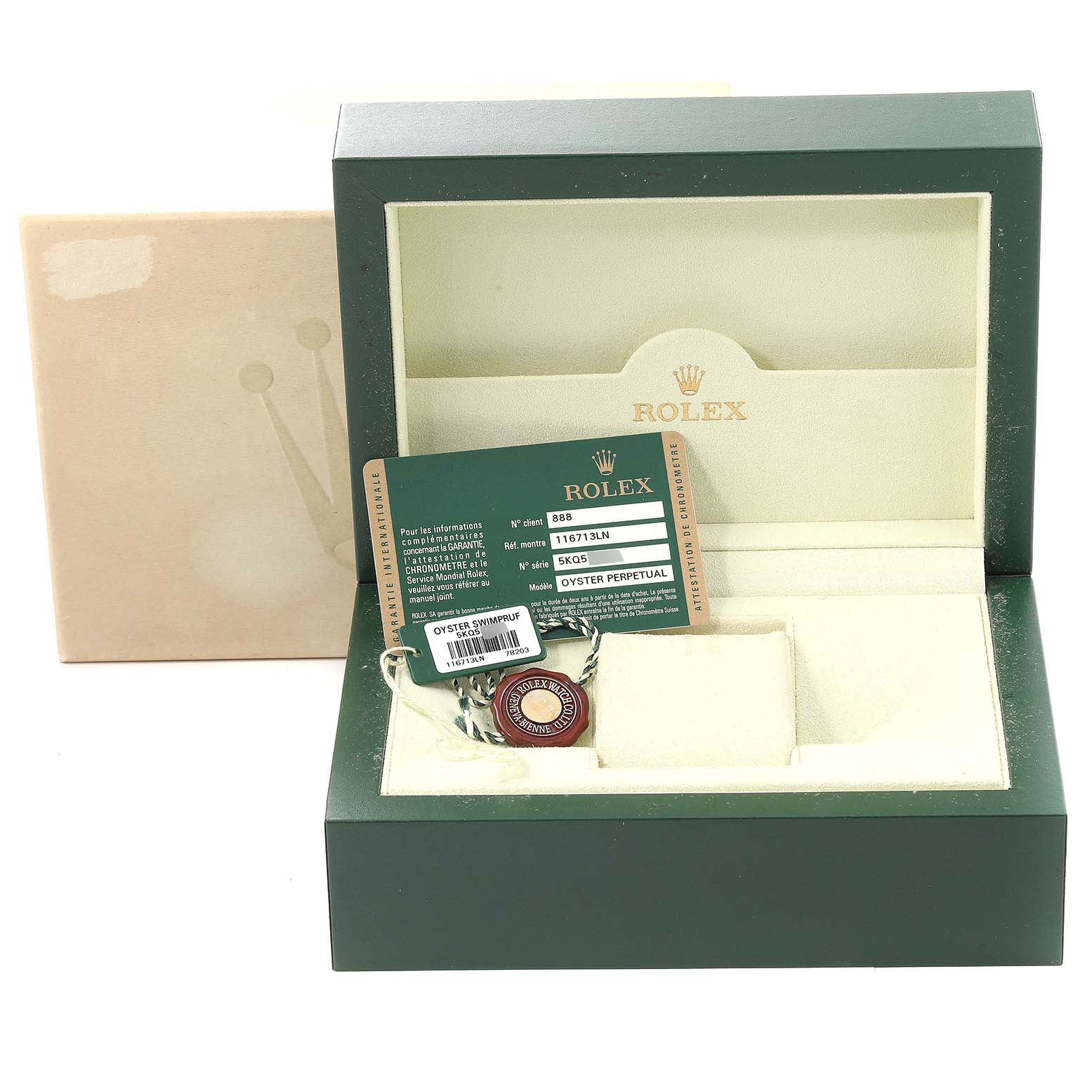 This image shows the open box, warranty card, and tag of a Rolex GMT-Master 116713 Men's Steel and Gold (two tone) Black Dial 116713 Men's Steel and Gold (two tone) Black Dial watch.