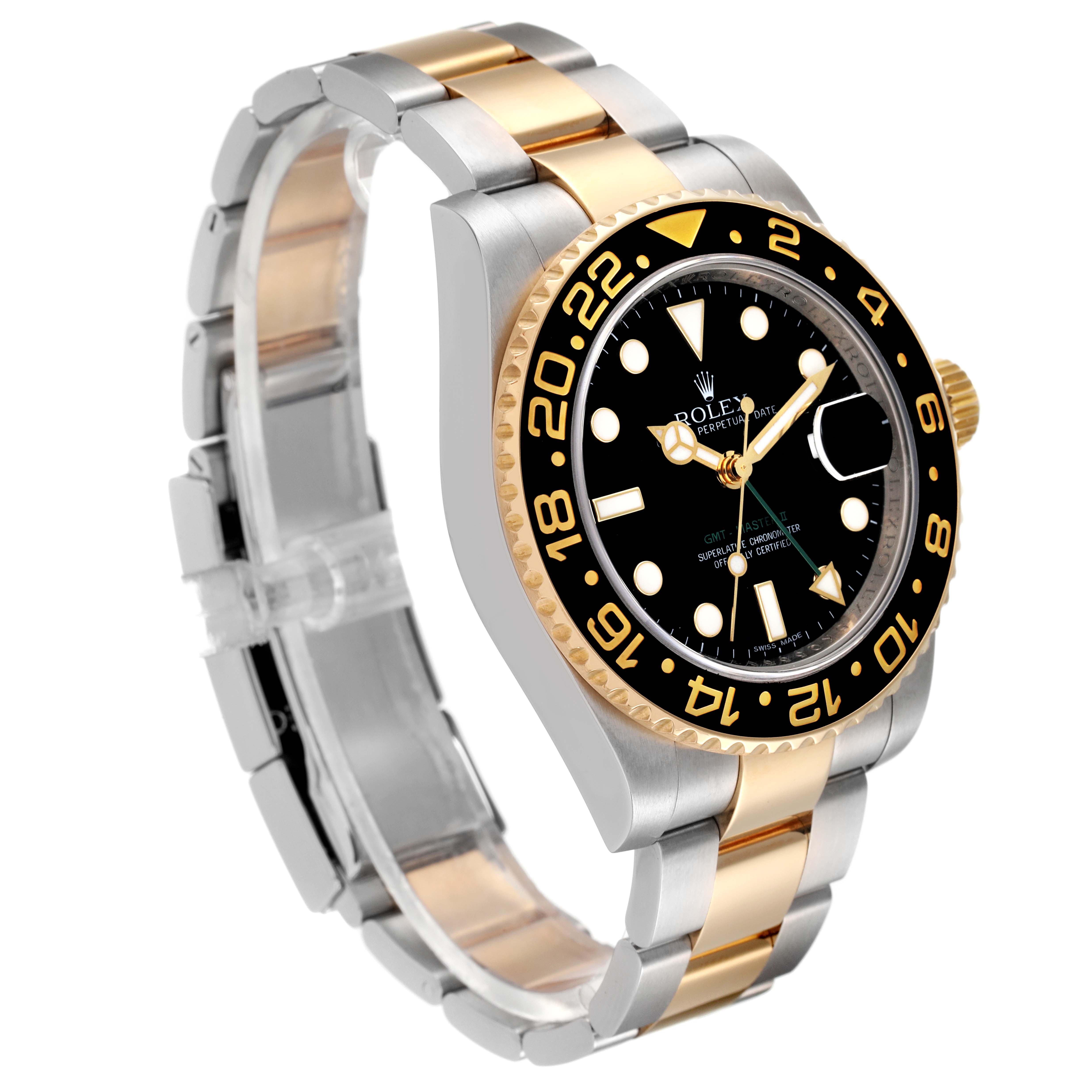The Rolex GMT-Master 116713 Men's Steel and Gold (two tone) Black Dial 116713 Men's Steel and Gold (two tone) Black Dial watch is shown at a slight angle, featuring the bezel, crown, face, and bracelet.