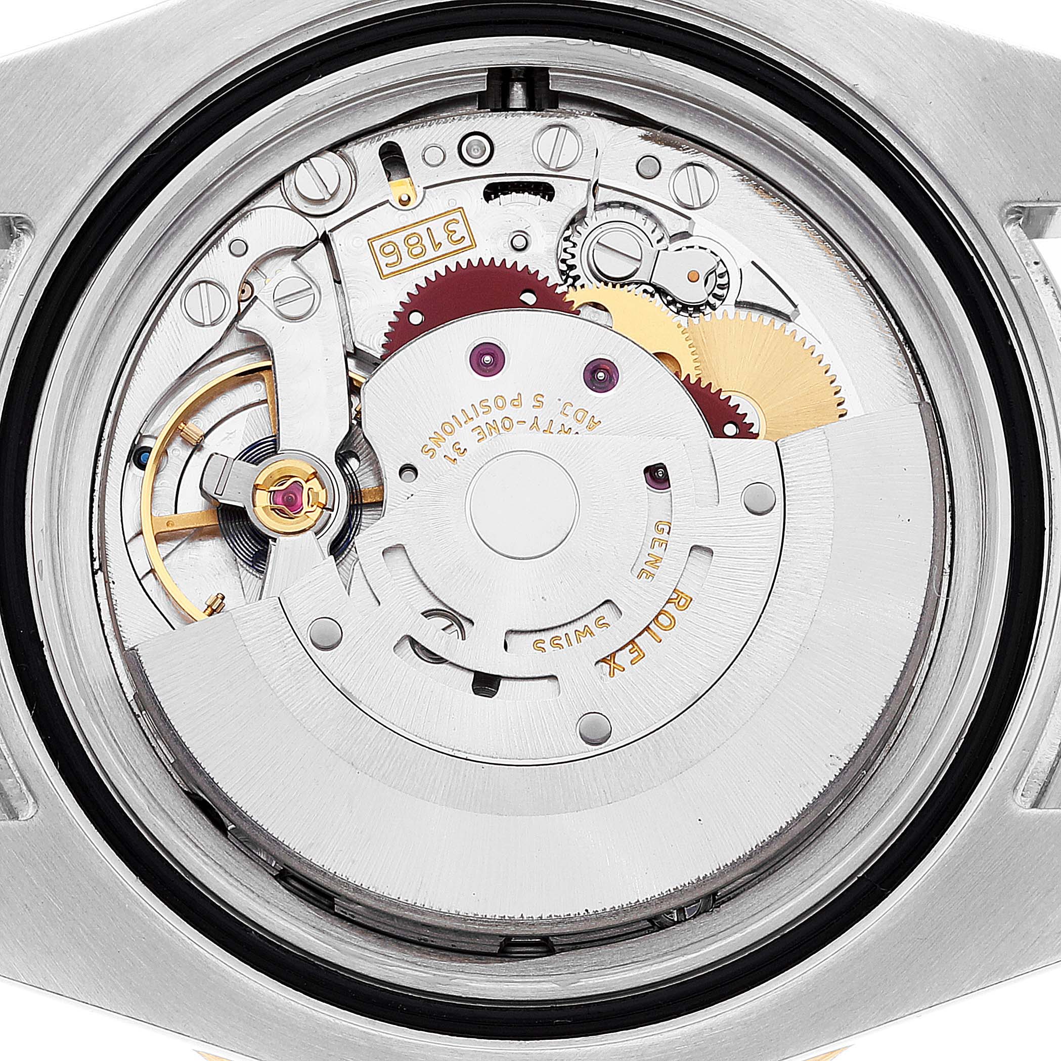 The image shows the movement and internal mechanics of a Rolex GMT-Master 116713 Men's Steel and Gold (two tone) Black Dial 116713 Men's Steel and Gold (two tone) Black Dial watch from the back angle.