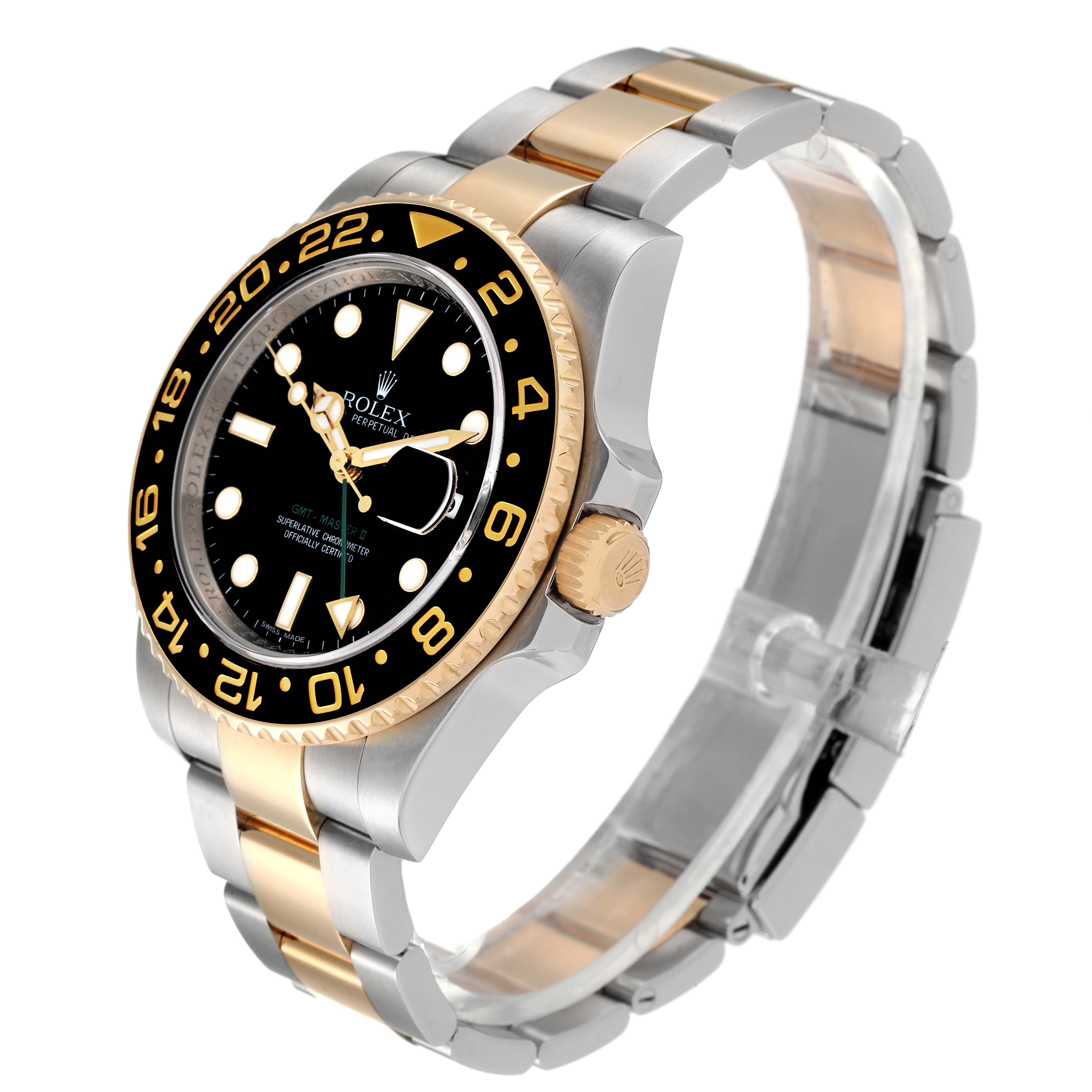 The Rolex GMT-Master 116713 Men's Steel and Gold (two tone) Black Dial 116713 Men's Steel and Gold (two tone) Black Dial watch is shown at an angle that displays the face, bezel, crown, and part of the bracelet.