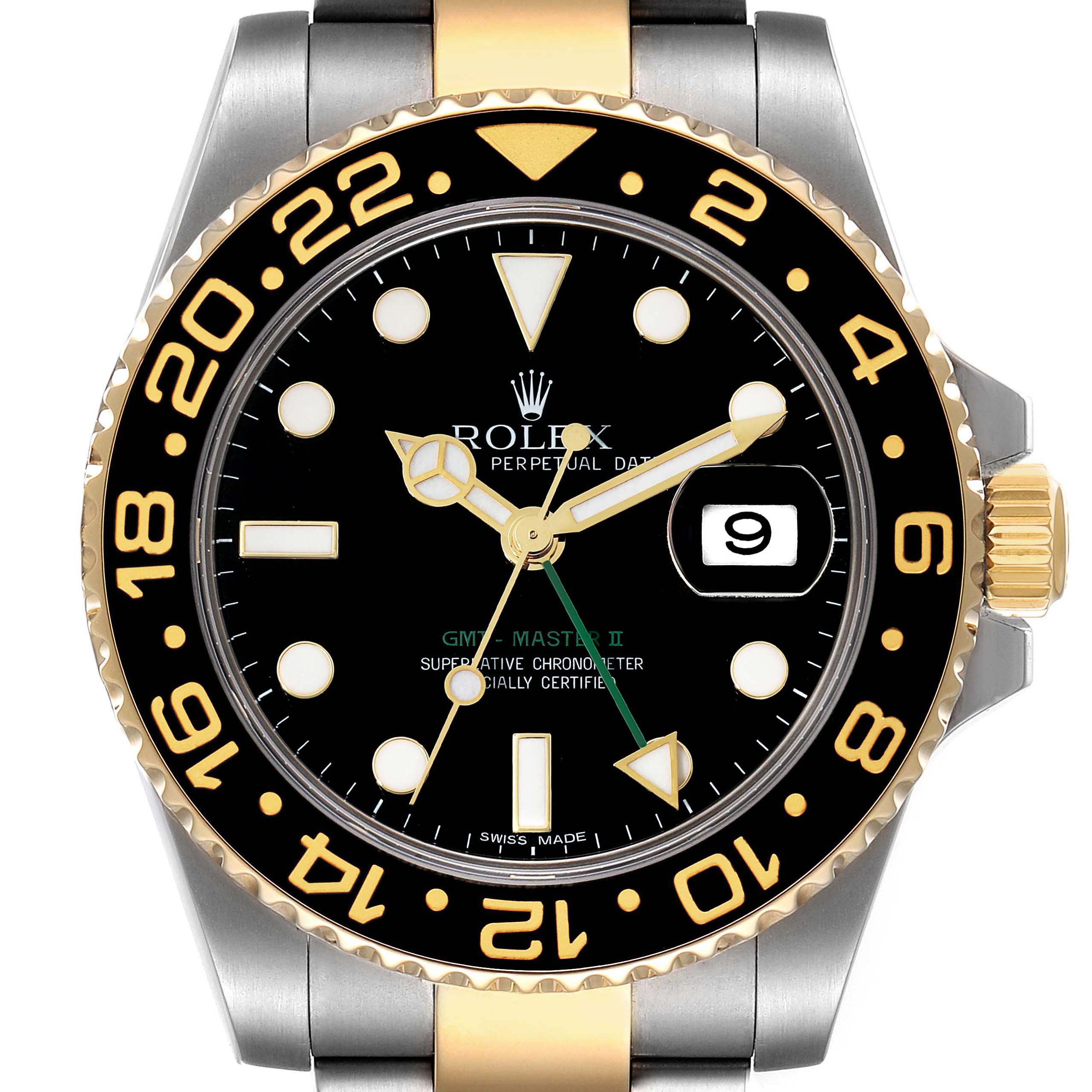 This is a close-up view of the dial and bezel of a Rolex GMT-Master 116713 Men's Steel and Gold (two tone) Black Dial 116713 Men's Steel and Gold (two tone) Black Dial II, showing its black face, gold accents, and bi-color bezel.