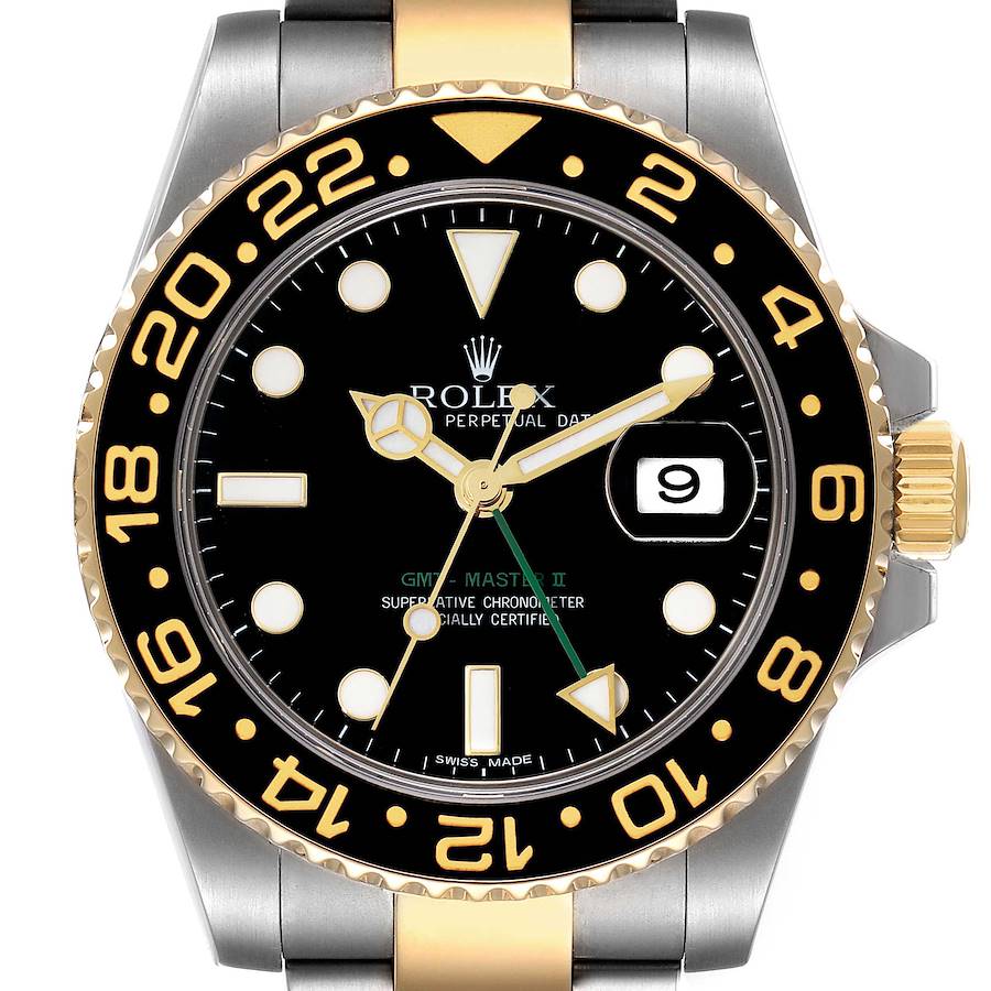 Rolex GMT Master II Yellow Gold Steel Black Dial Mens Watch 116713 Box Card SwissWatchExpo