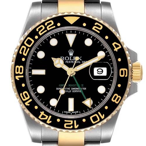 Photo of Rolex GMT Master II Yellow Gold Steel Black Dial Mens Watch 116713 Box Card