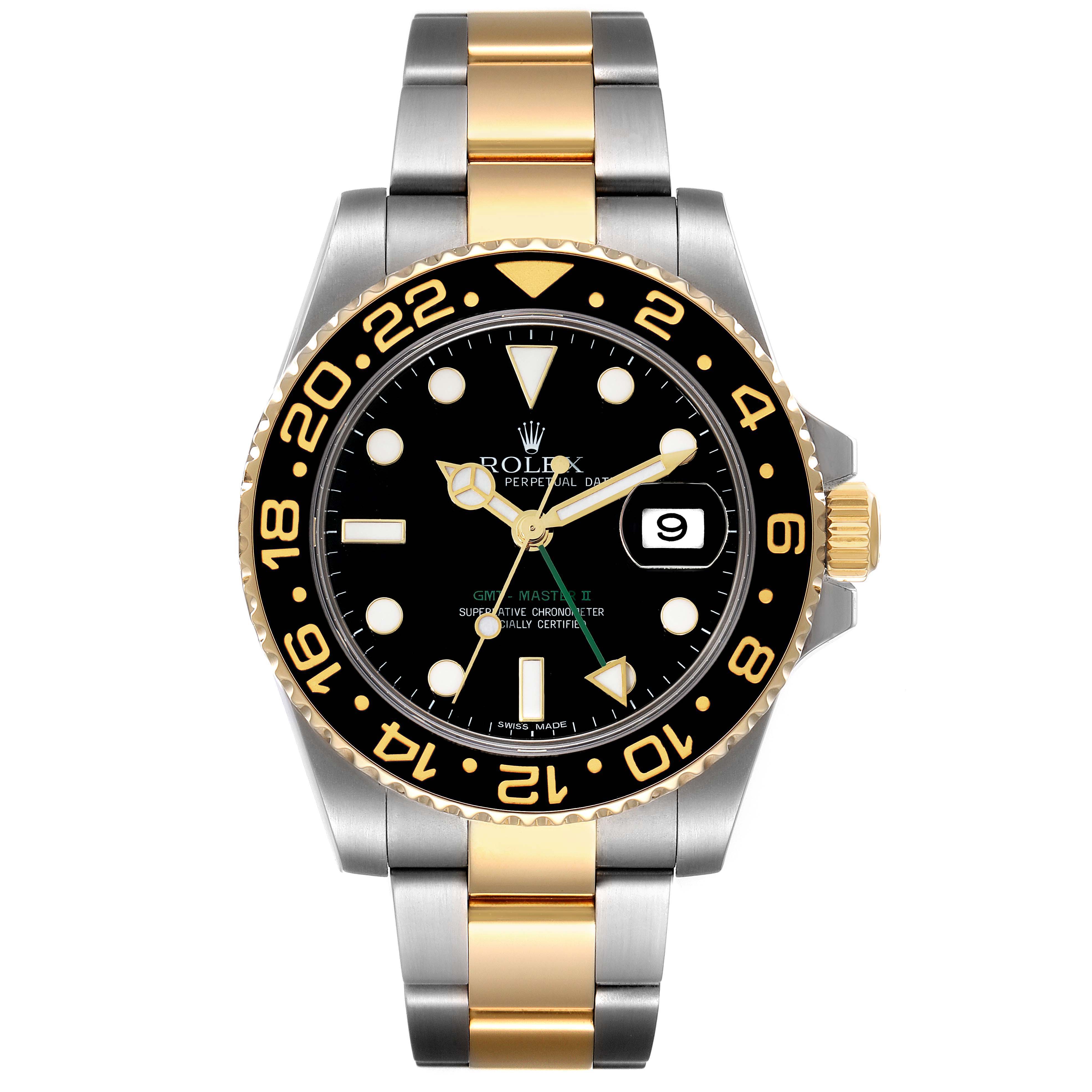 This image shows a front view of the Rolex GMT-Master 116713 Men's Steel and Gold (two tone) Black Dial 116713 Men's Steel and Gold (two tone) Black Dial II watch, highlighting the dial, bezel, and bracelet.